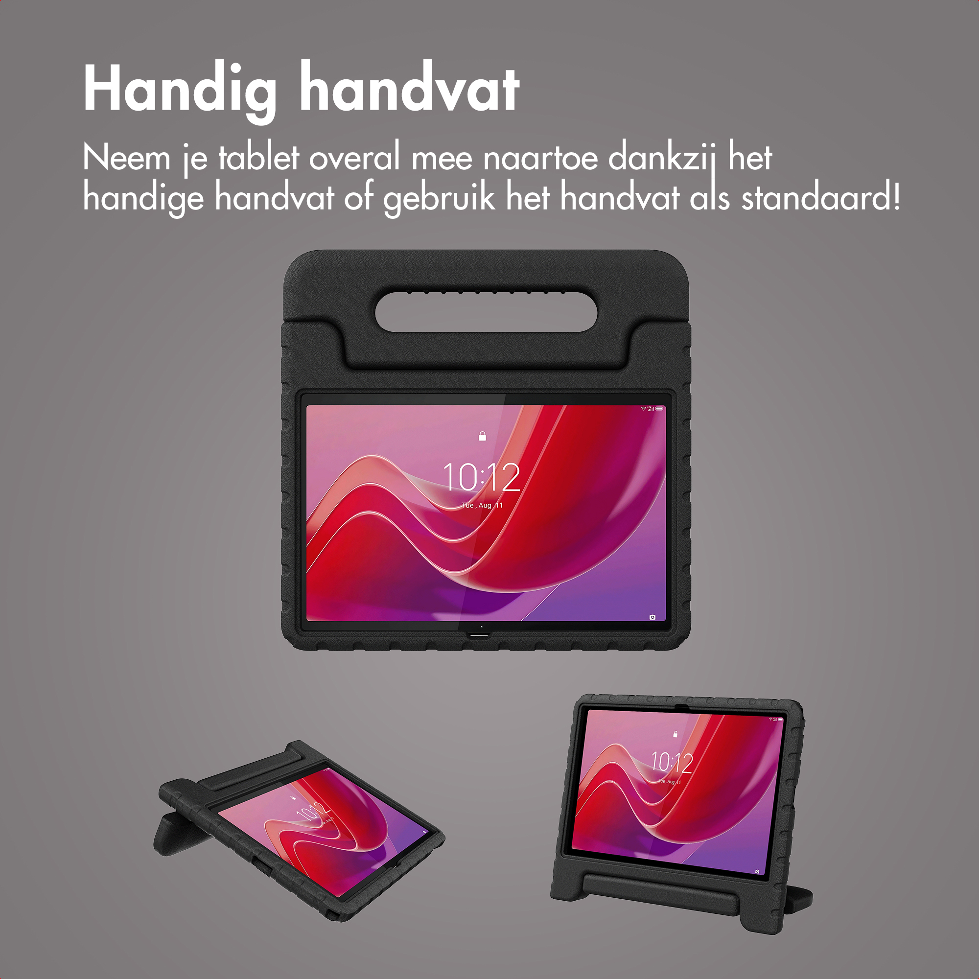 A black tablet case with handle and stand, showing a tablet with a locked screen.