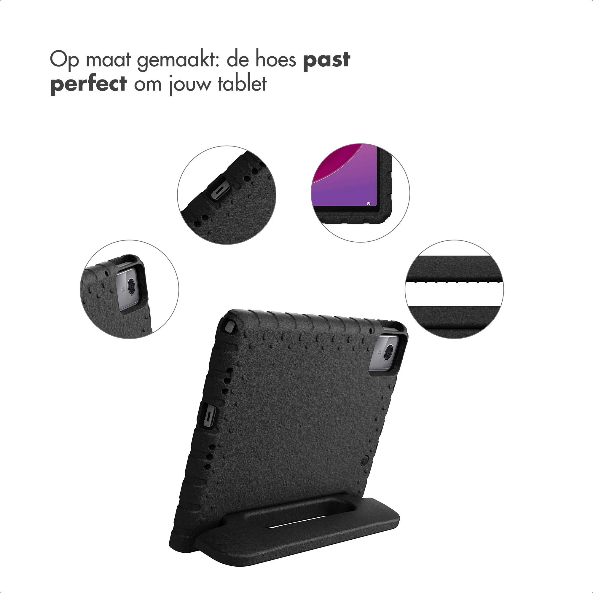 Black tablet case with integrated stand. Shows close-ups of camera and screen.