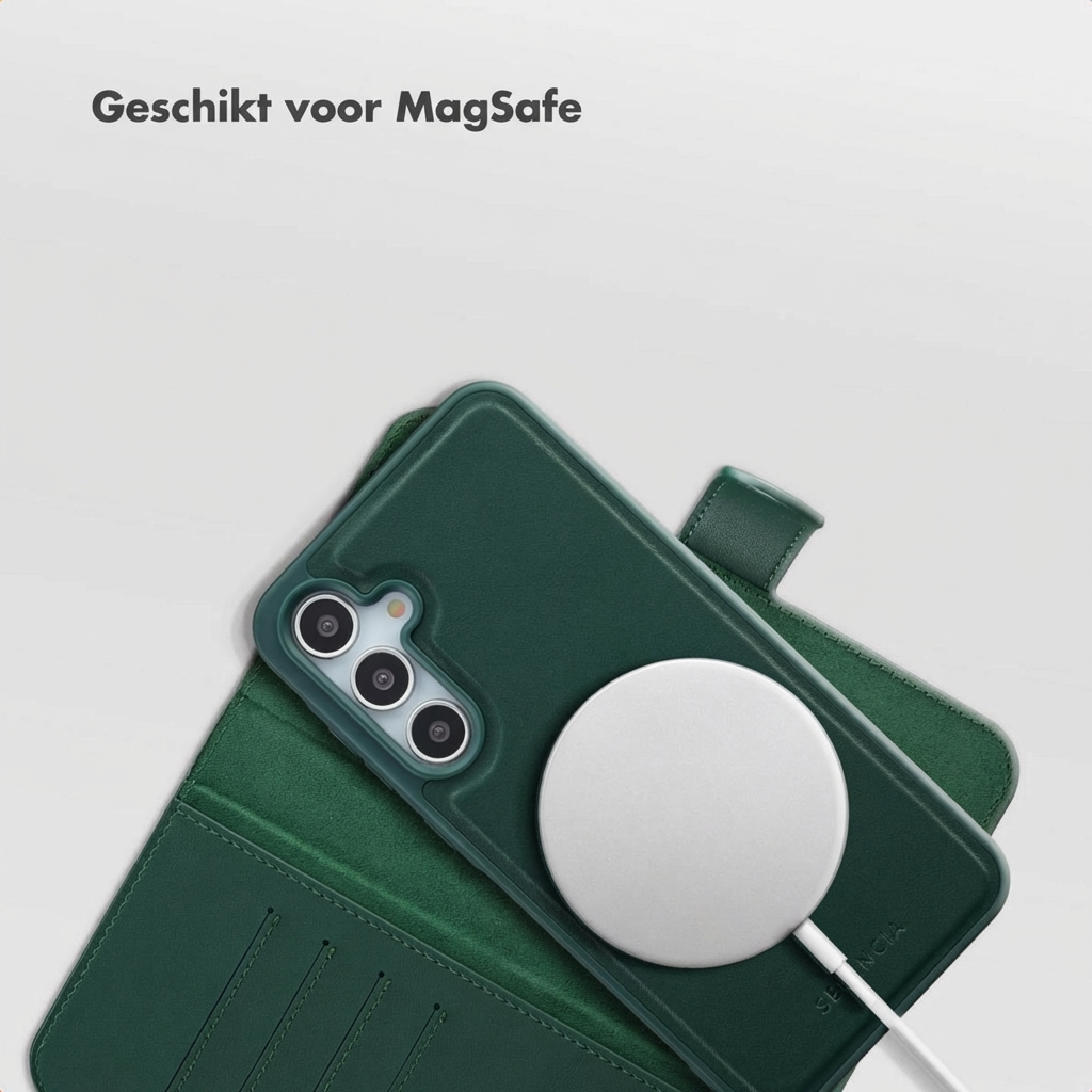 Étui vert foncé pour téléphone avec appareils photo et chargeur MagSafe.
