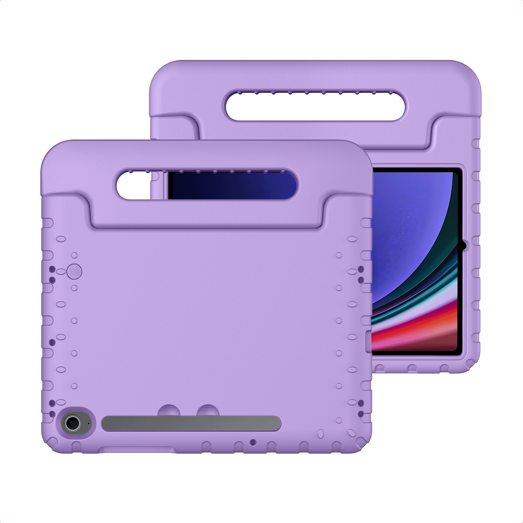 Two purple tablet cases with handles, one in front, one behind.