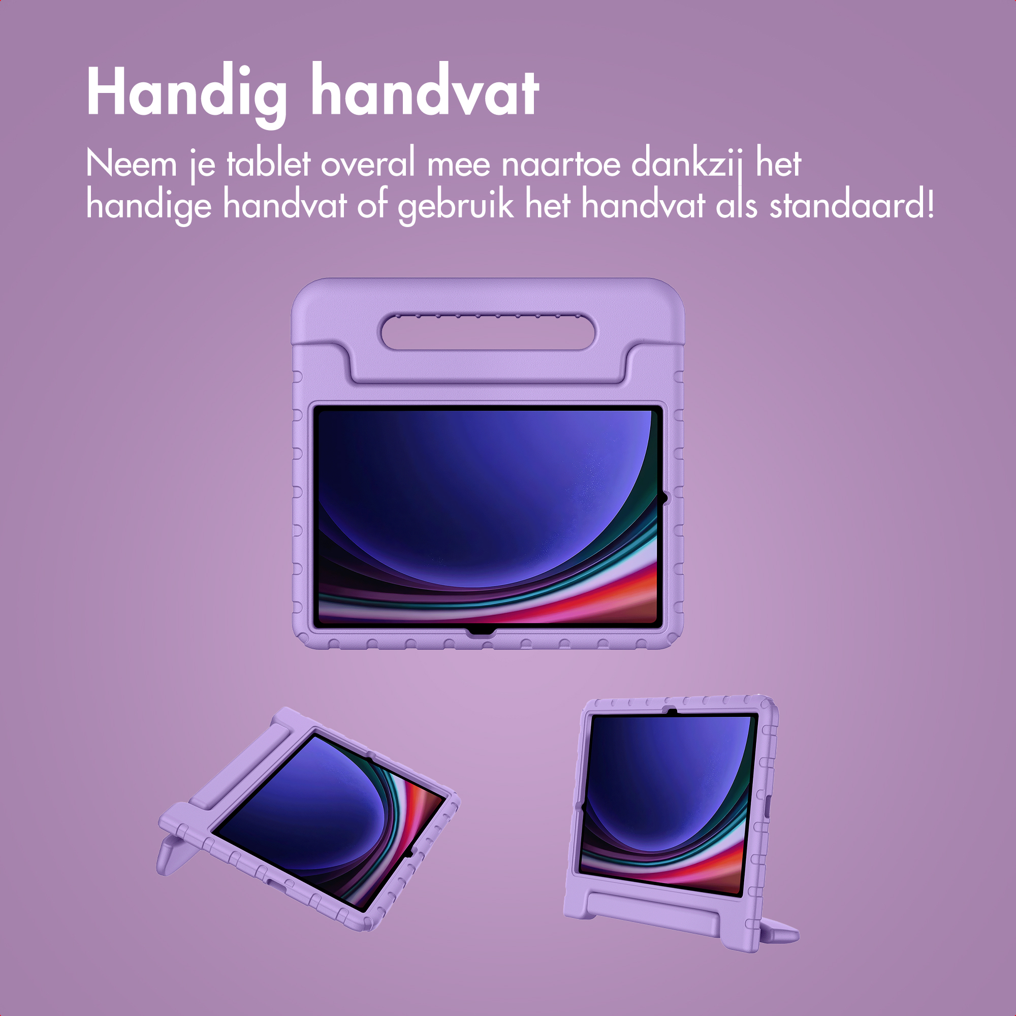 Purple tablet case with handle, stand, and three tablets.