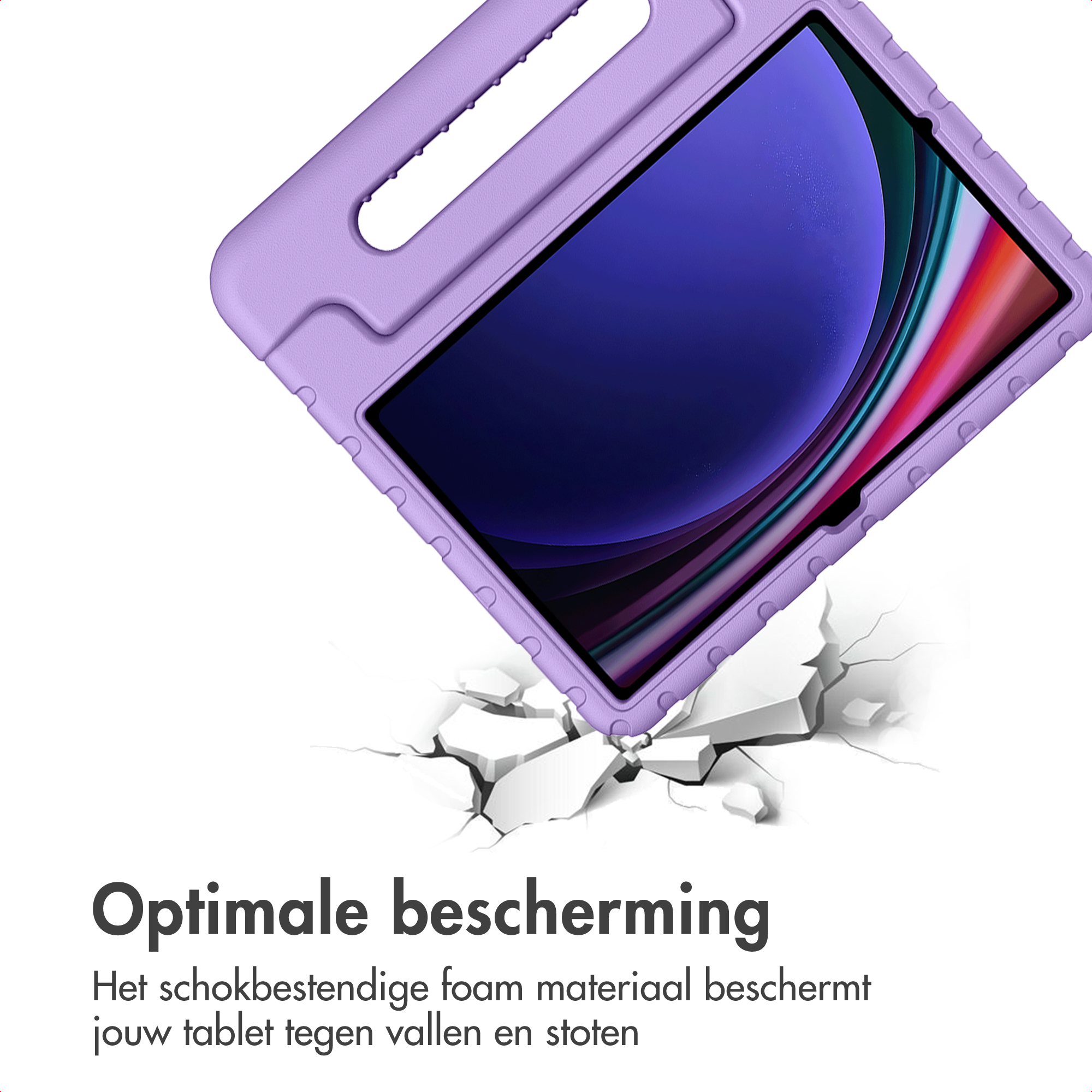 Purple tablet case with handle falling onto cracked ground.