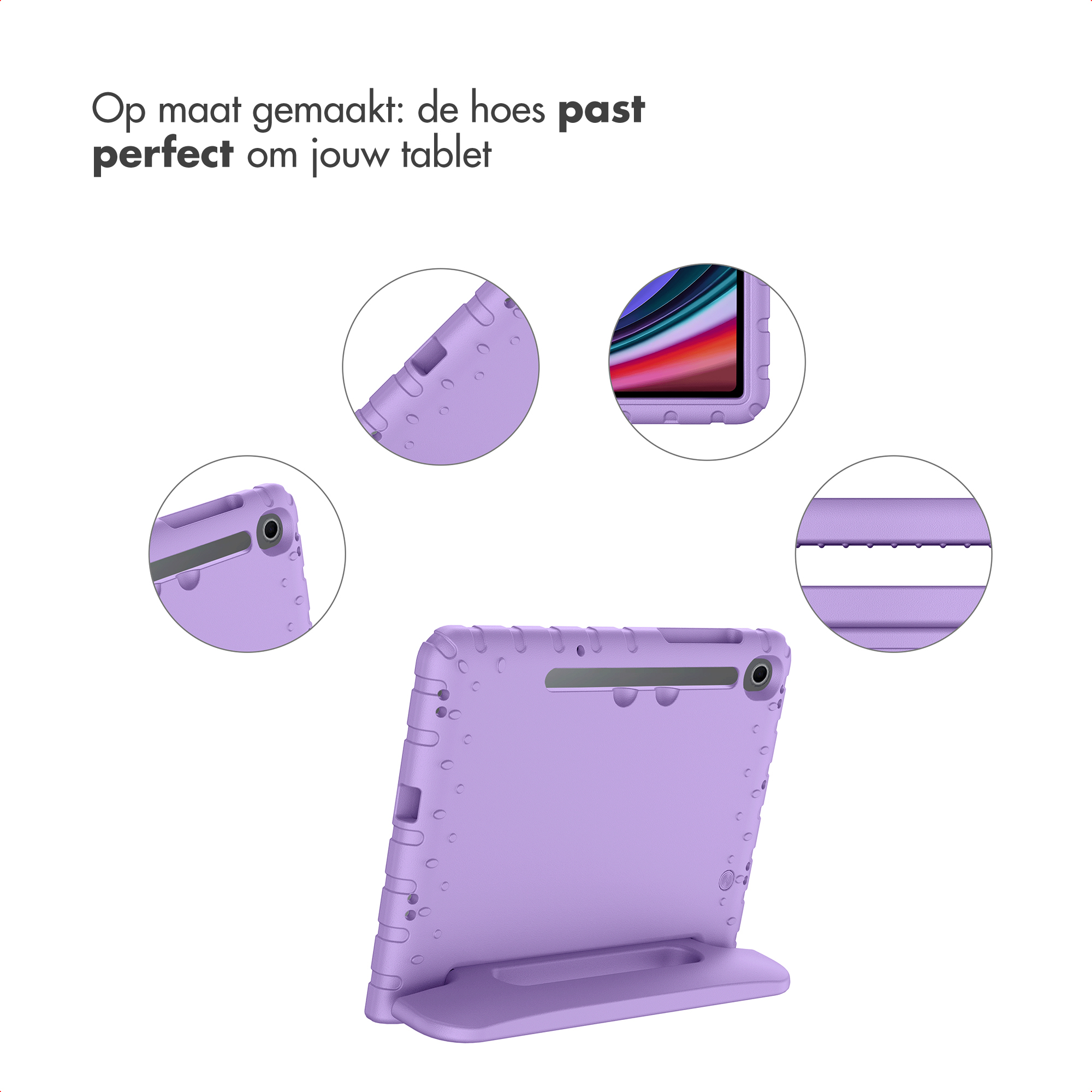 A purple tablet case with an integrated stand. Close-ups show details.