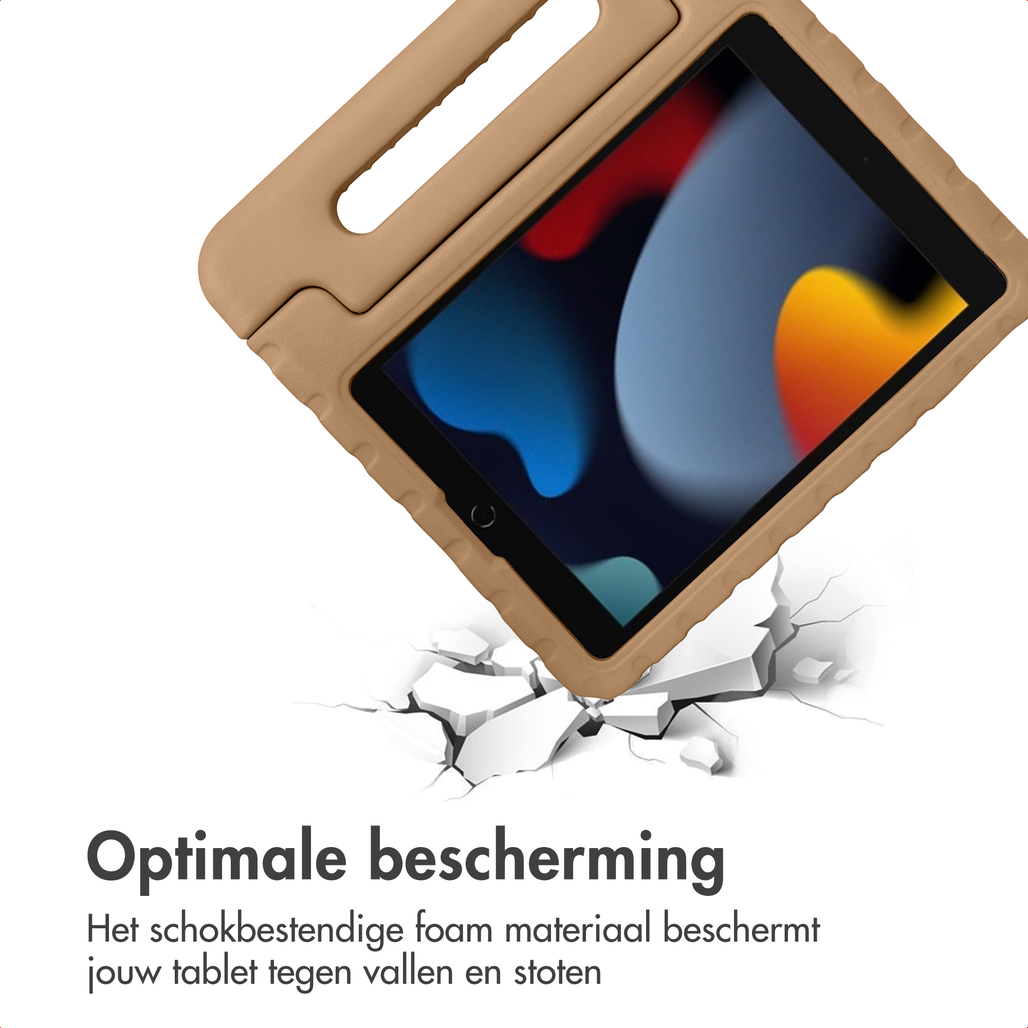 Een bruine tablethoes met handvat valt op gebroken grond.