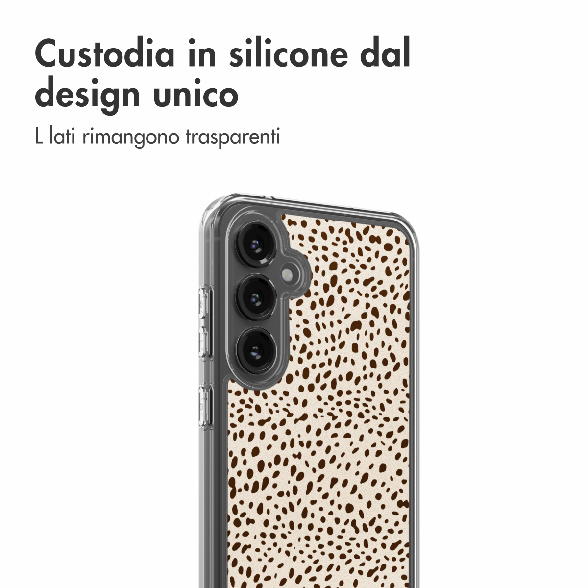 Een doorzichtige telefoonhoes met een lichtbruin spikkels patroon.