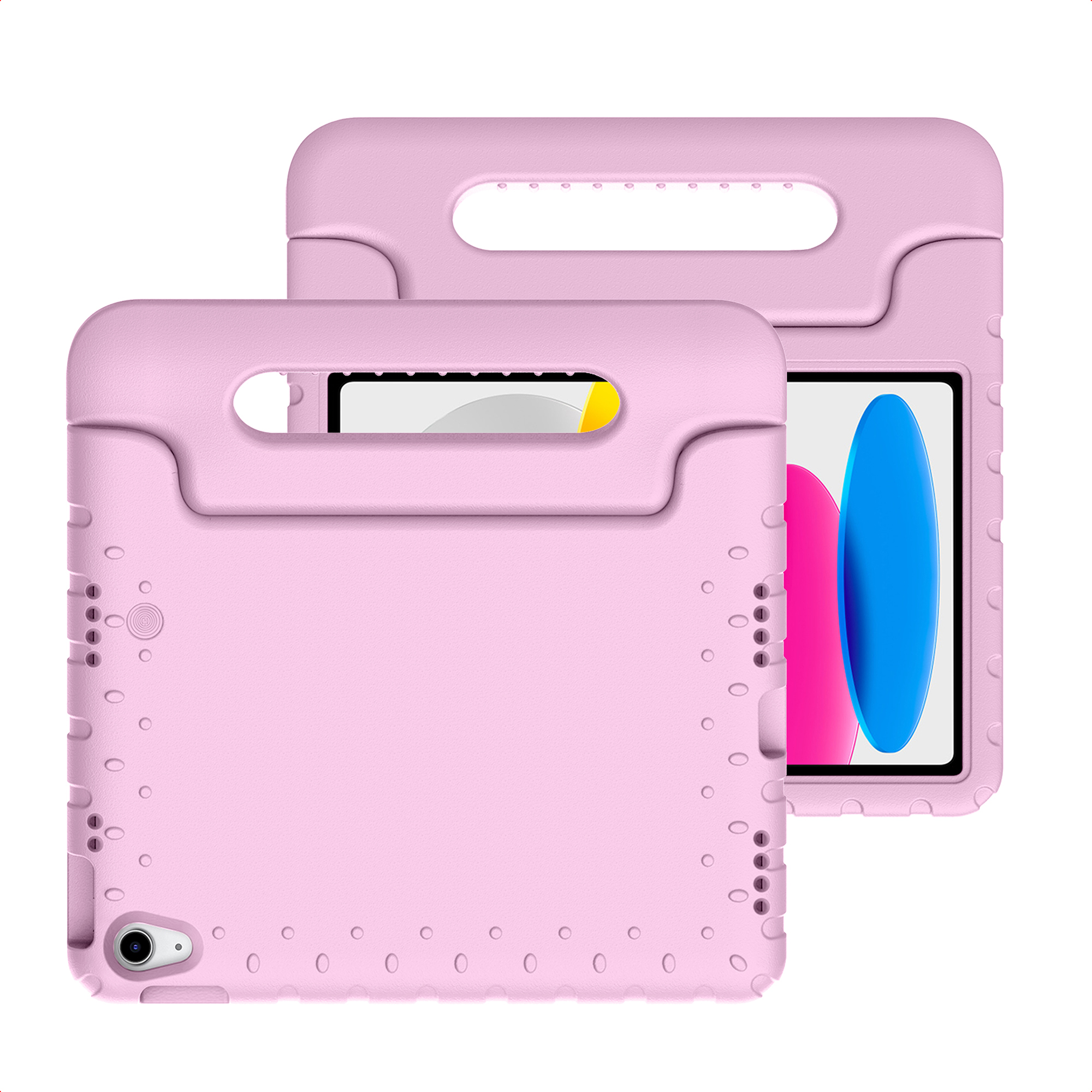 Twee roze tablethoesjes met handgrepen en uitsparingen voor camera's en knoppen.