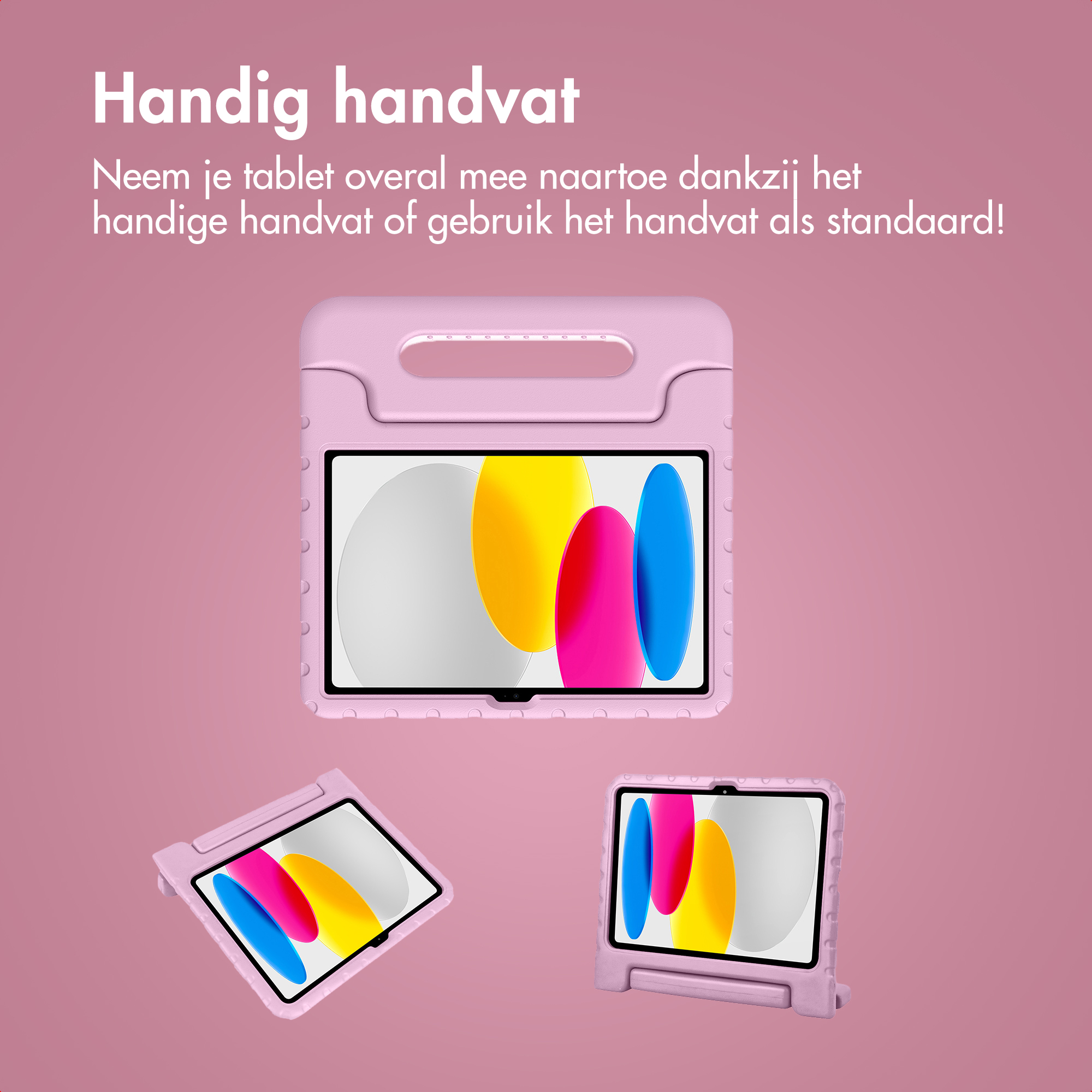 Roze tablet hoes met handvat en standaard, met kleurrijke app icoontjes.