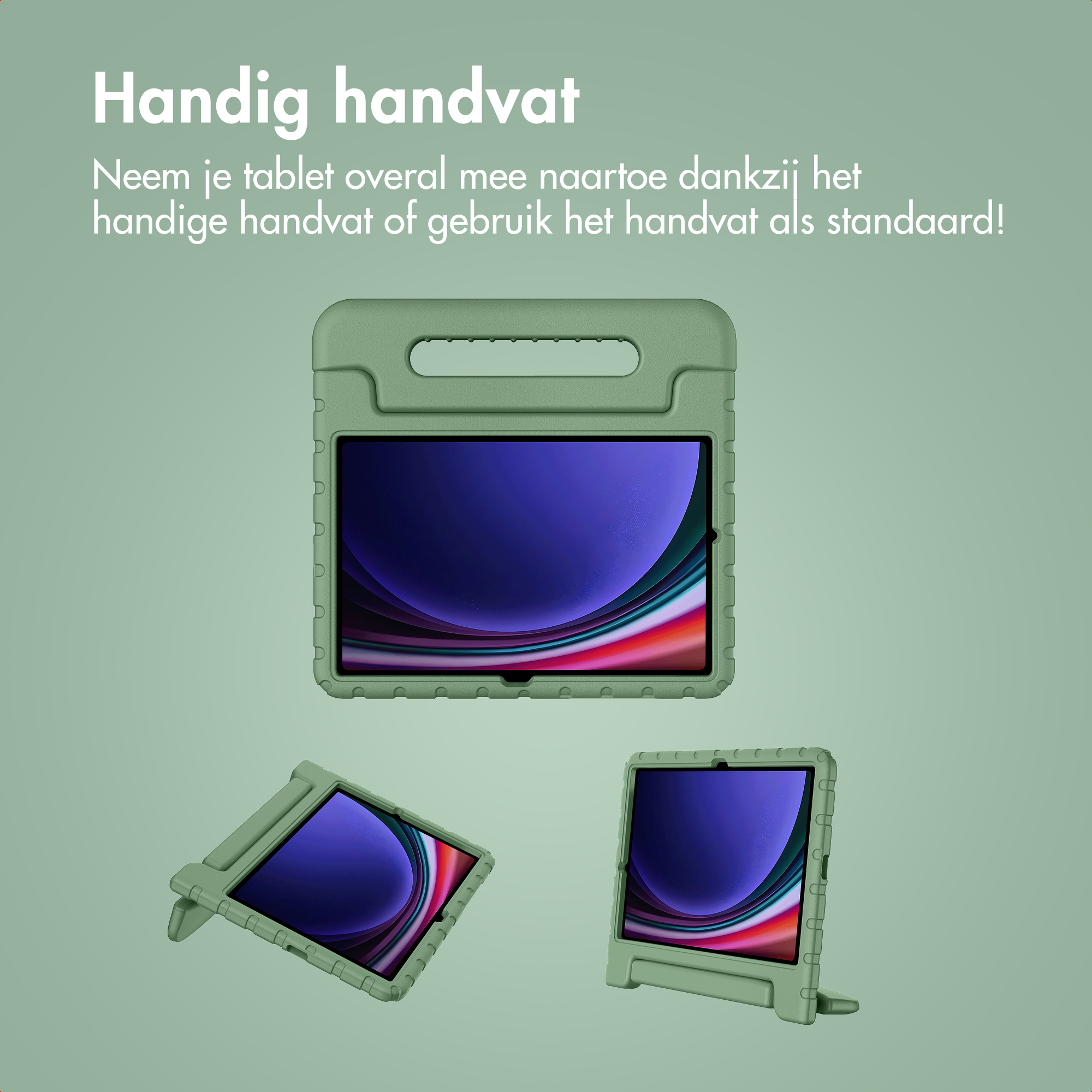 Groene tablethoes met handvat en standaard.