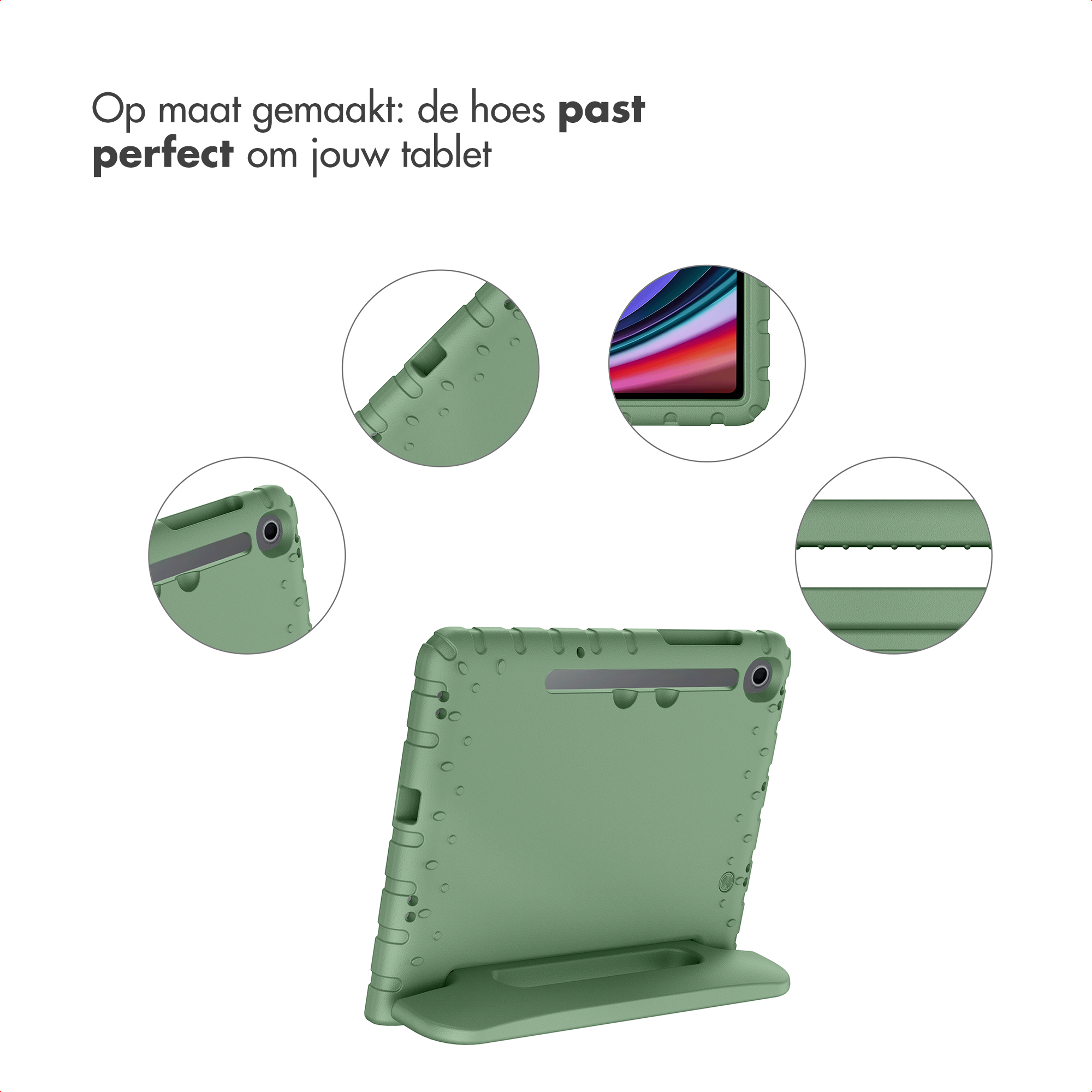 Groene tablethoes met standaard en uitsparingen voor camera en poorten.