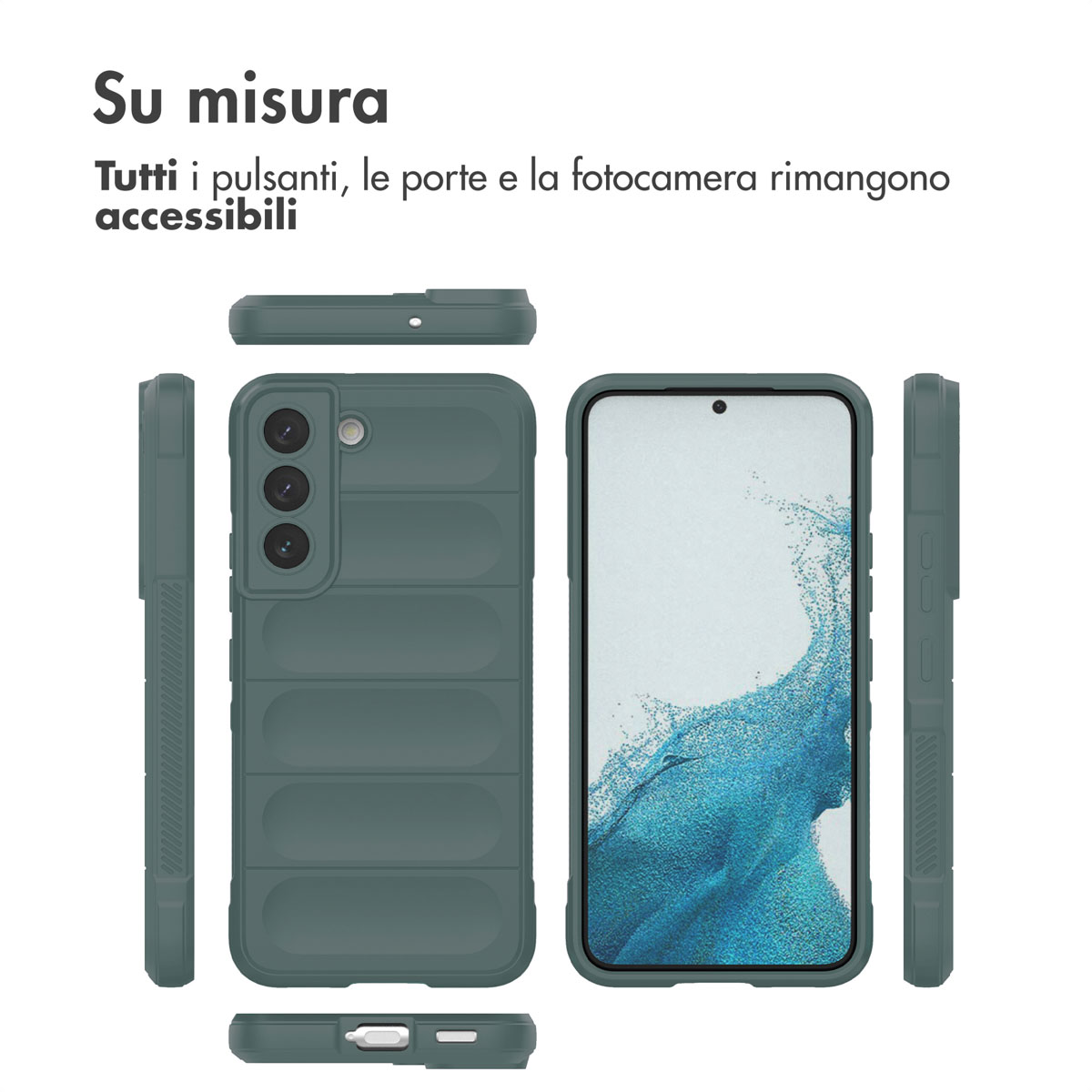 Een groene telefoonhoes prototype getoond vanuit meerdere hoeken.