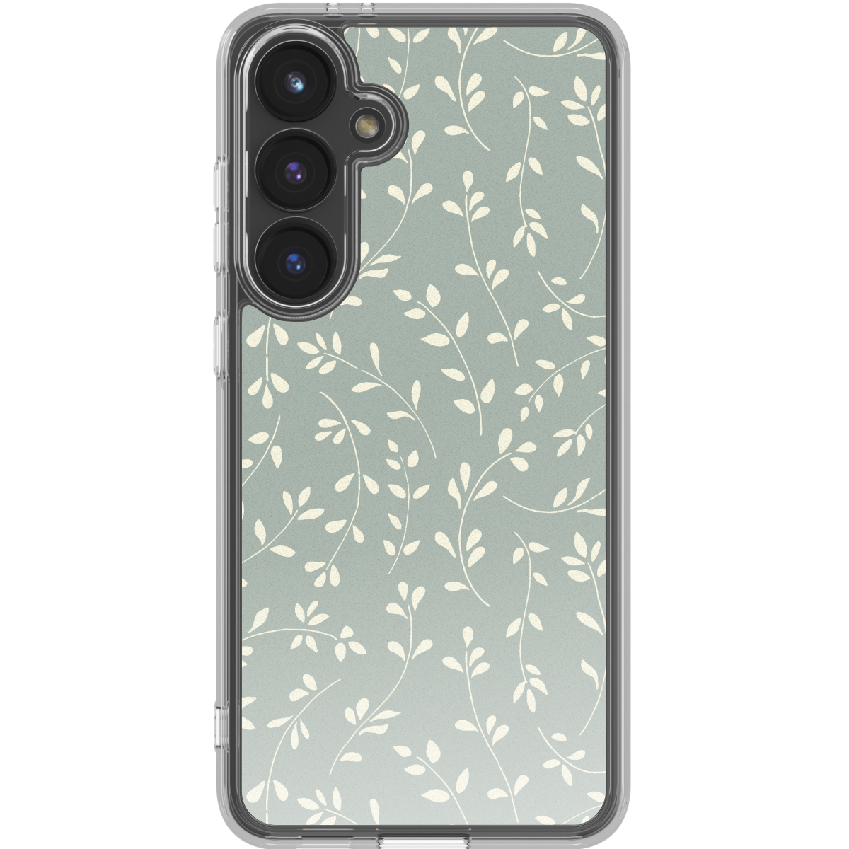 Un telefono con custodia trasparente e sottile motivo a foglie su sfondo grigio.
