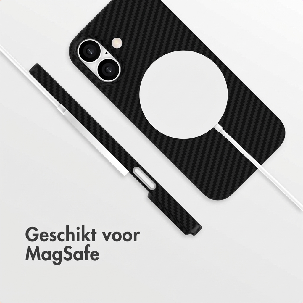 Zwarte telefoonhoes met koolstofpatroon, MagSafe-cirkel en kabel.