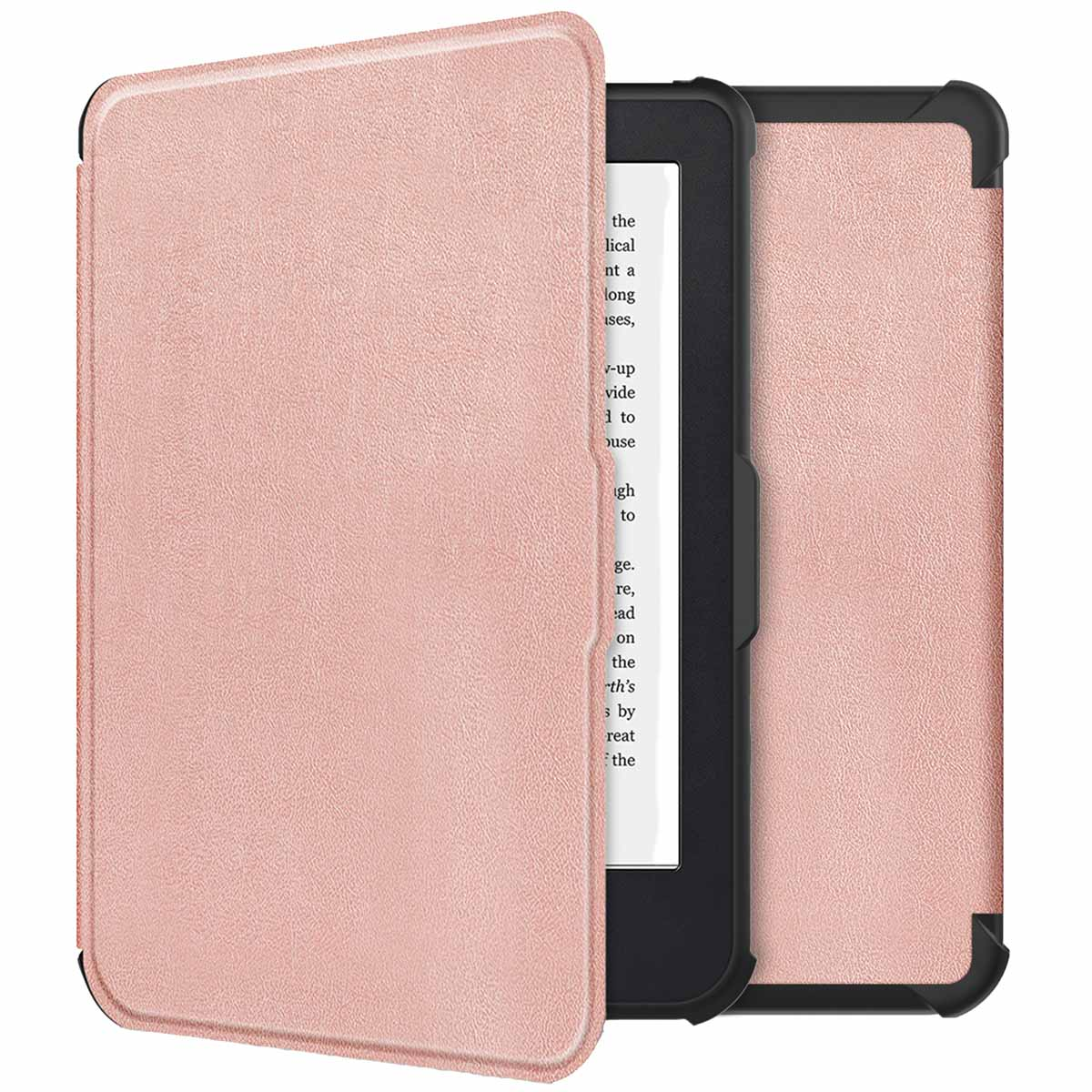 Een roségouden e-reader hoesje, open om een boek op het scherm te tonen.