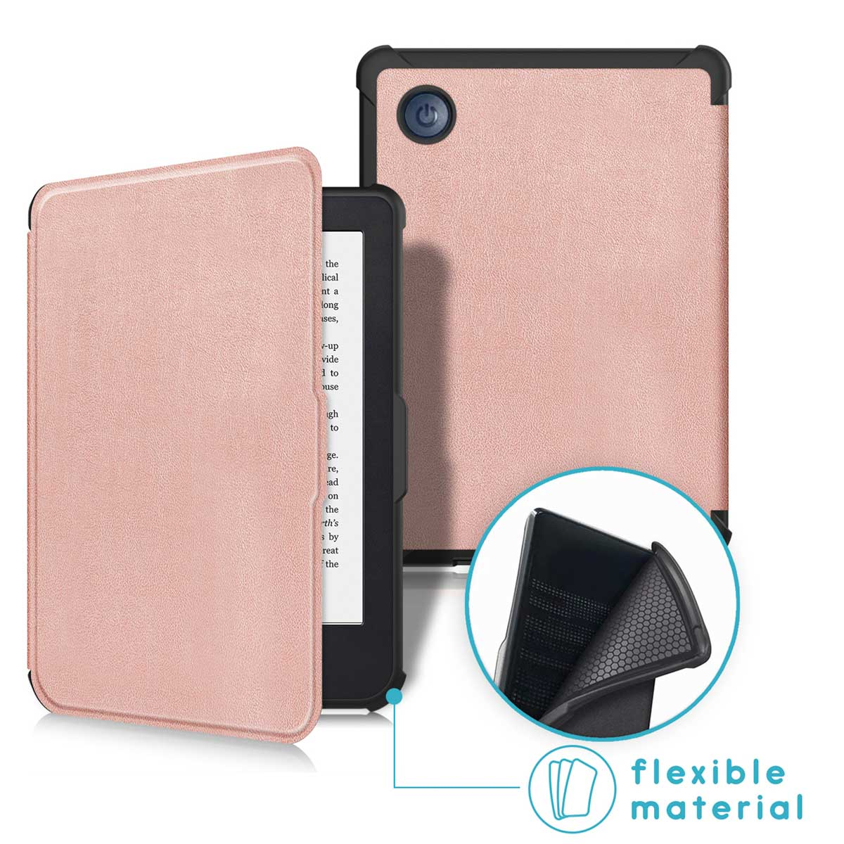 Een roségouden e-reader hoes met een klepdeksel en gedetailleerd vergroot beeld.