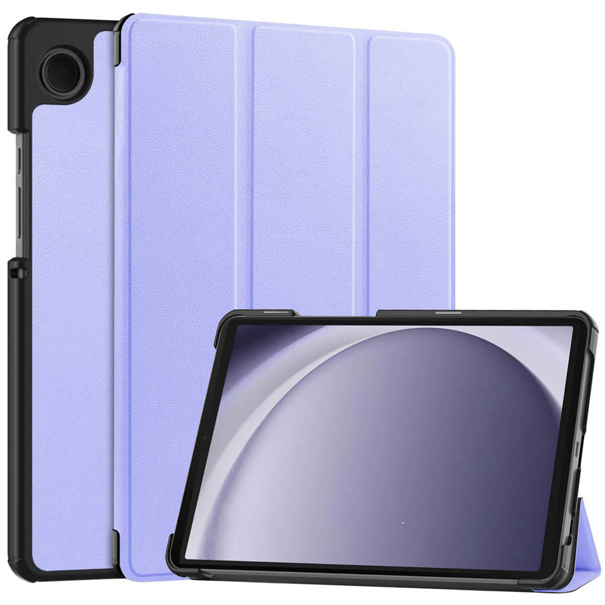 Ein lila Tablet-Etui mit einem darin liegenden Tablet.