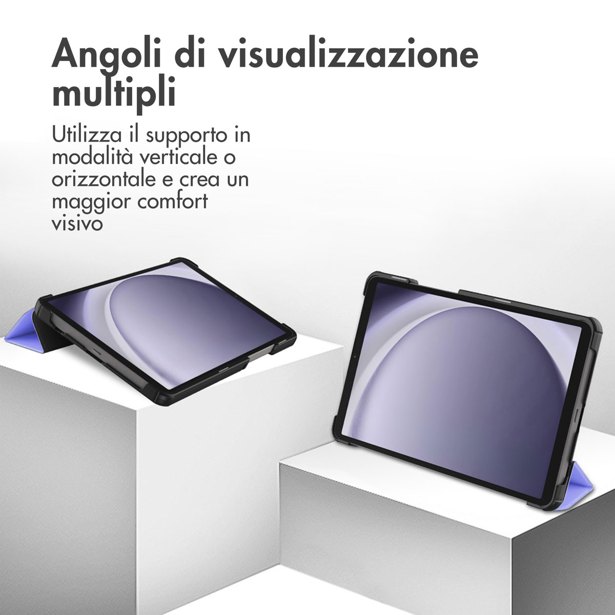 Zwei Tablets auf weißen Blöcken, eines in der Vertikalen, eines in der Horizontalen.