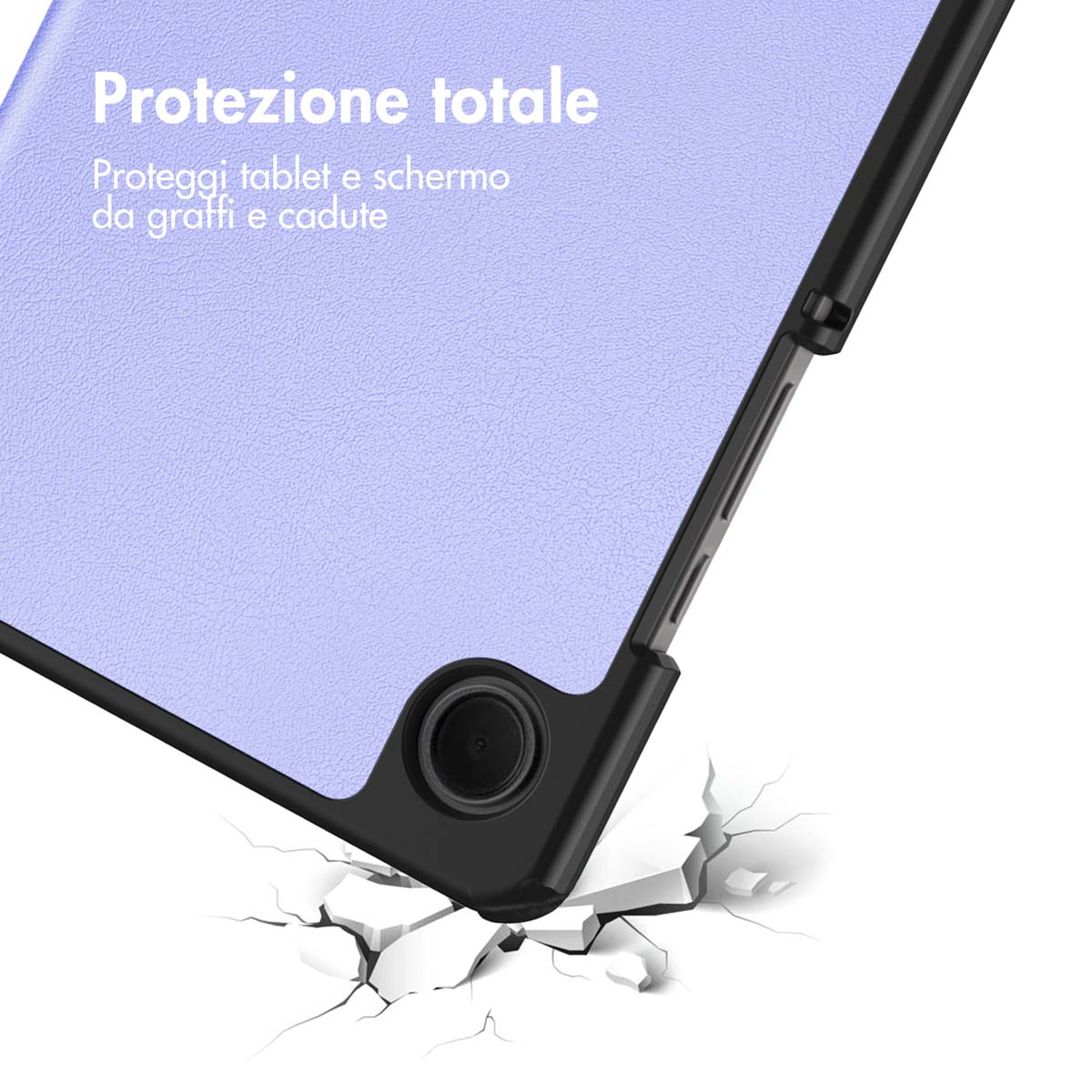 Lila Tablet-Hülle auf weißem Hintergrund mit zerbrochenem Boden.