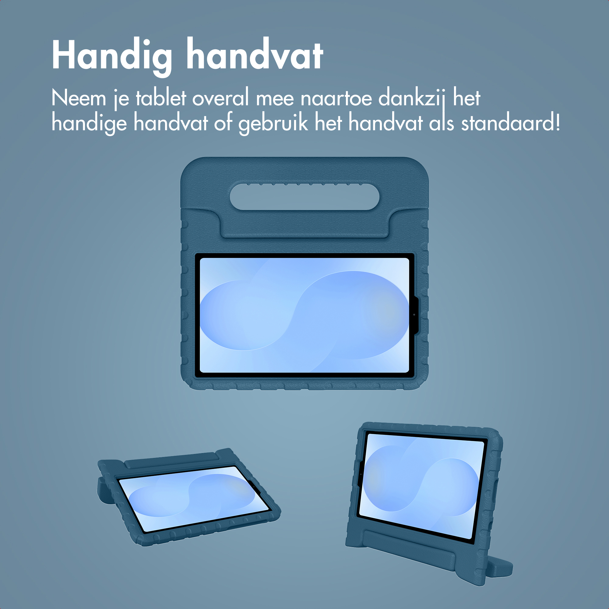 Blauw tablethoes met handvat en standaard. Drie weergaven.