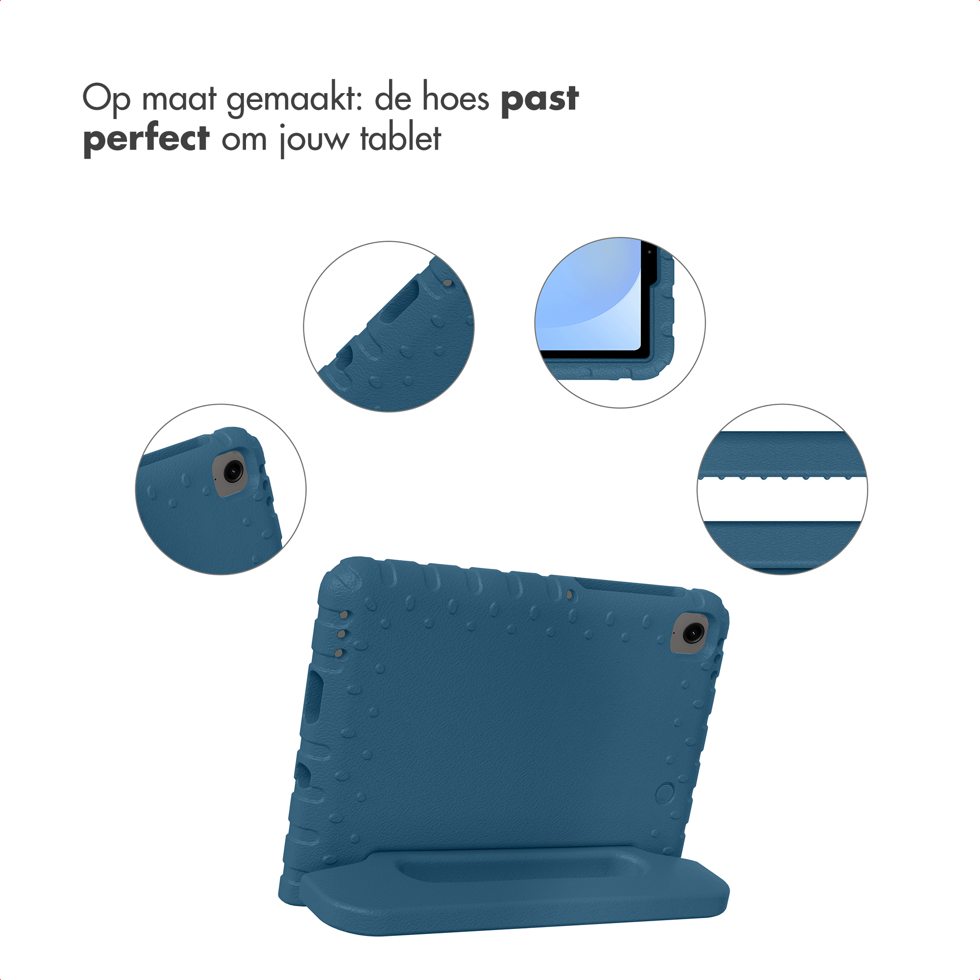 Blauwe tablethoes met standaard, details zoals camera en textuur worden getoond.