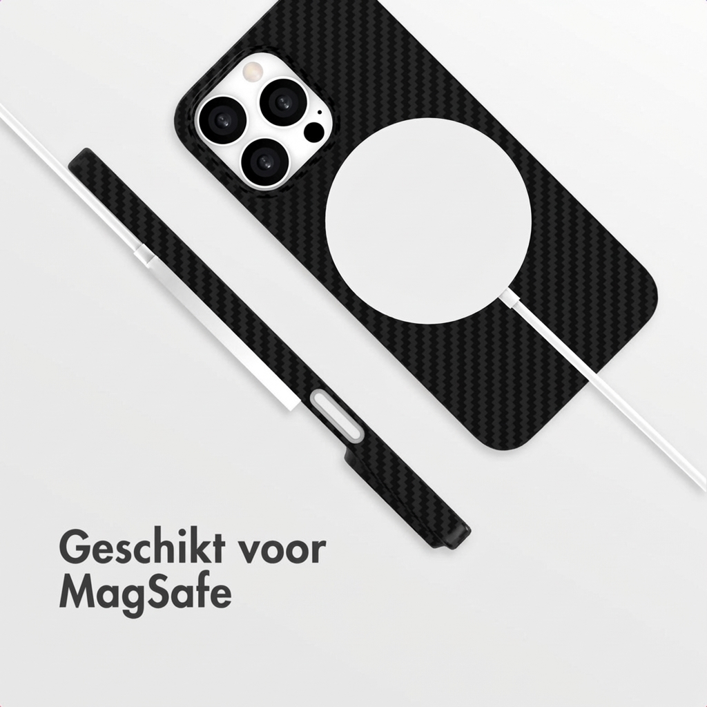 Coque de téléphone noire motif carbone avec anneau MagSafe et câble.