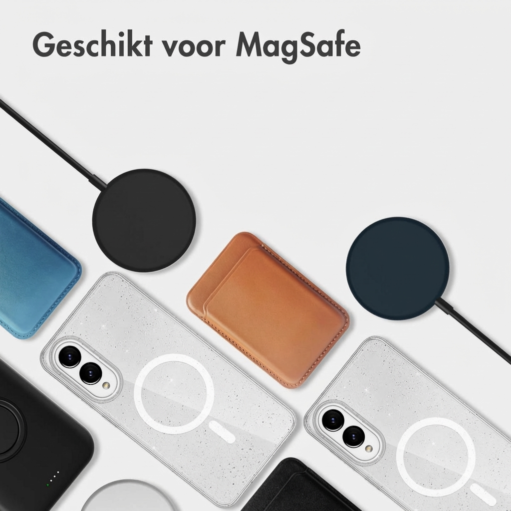 Diverse MagSafe accessoires: telefoonhoesjes, laders, kaarthouder. Tekst: 'Geschikt voor MagSafe.'