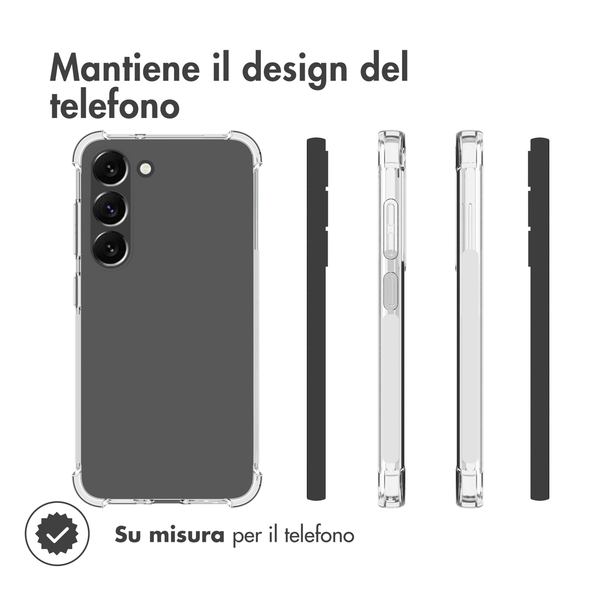 Transparante telefoonhoes toont achter- en zijaanzichten van de telefoon.