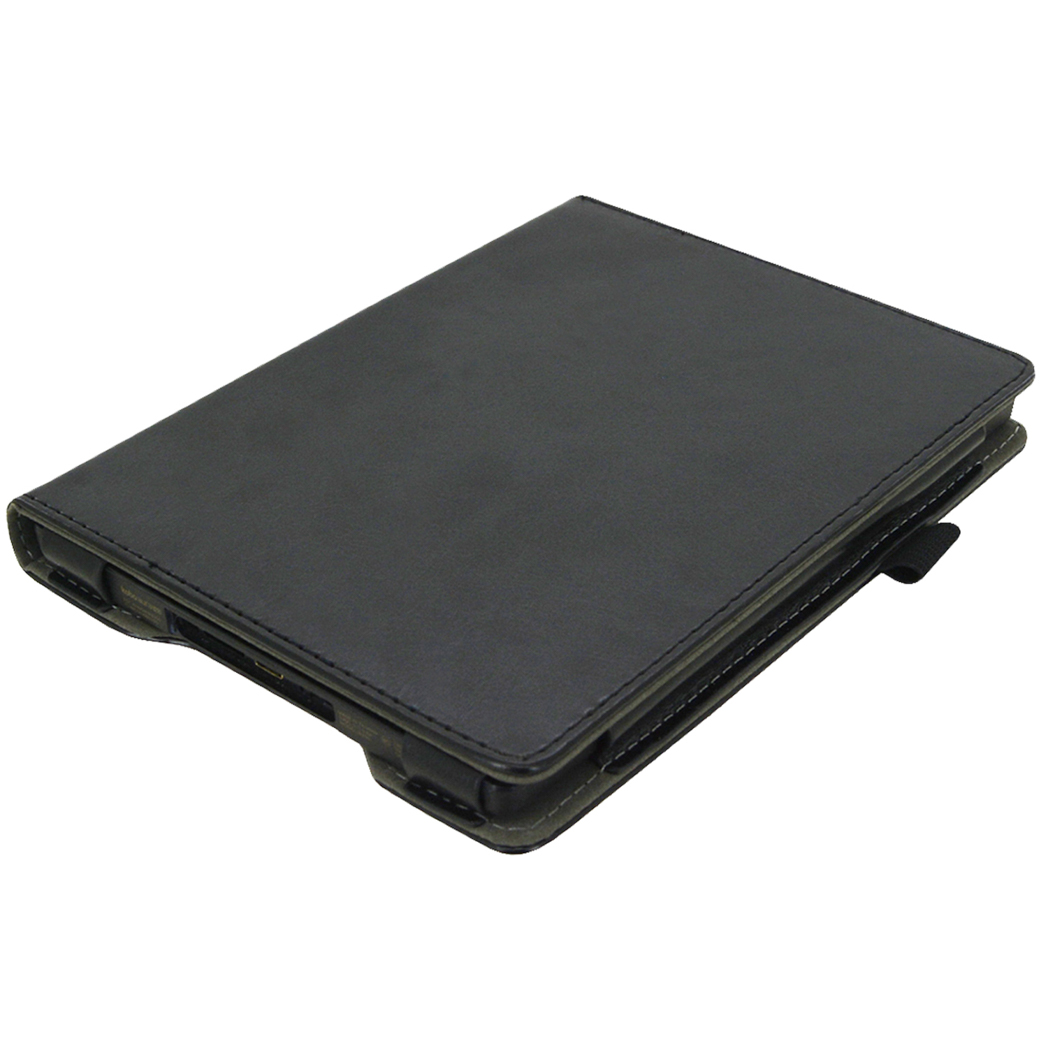 Black leather tablet case with stitching, lying on a white background.