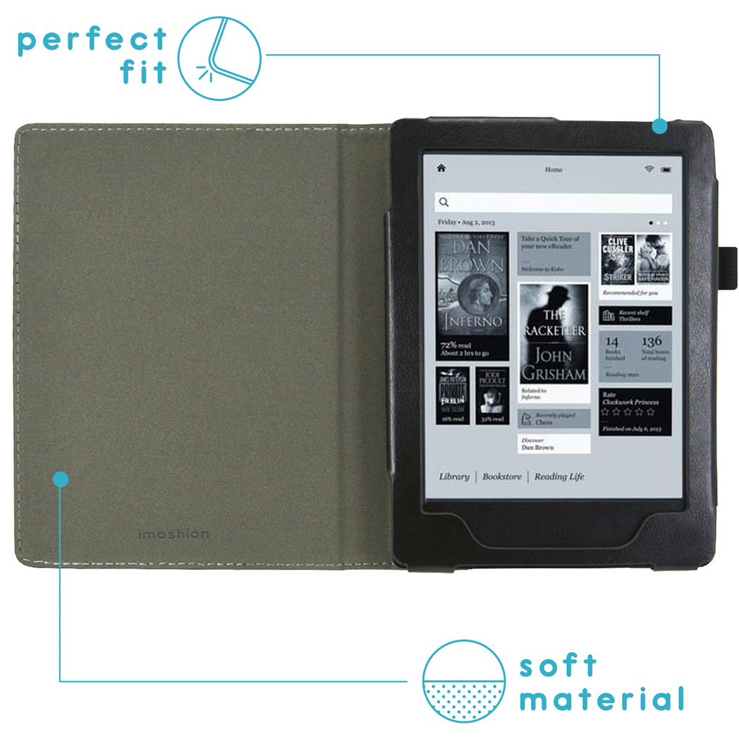An e-reader in a green case displays book covers and reading progress on its screen.