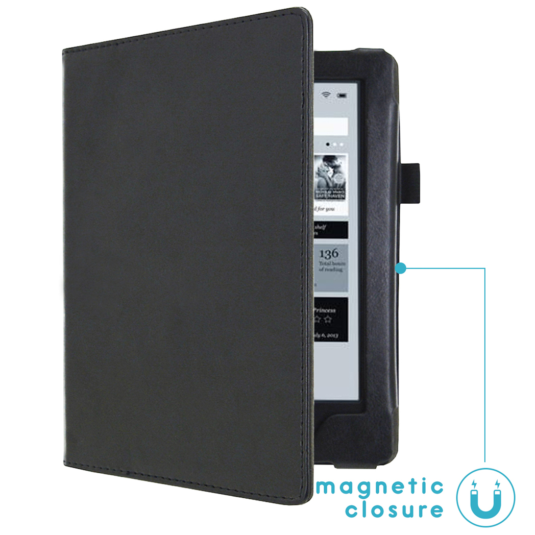 Black e-reader with an open cover displaying a magnetic closure.