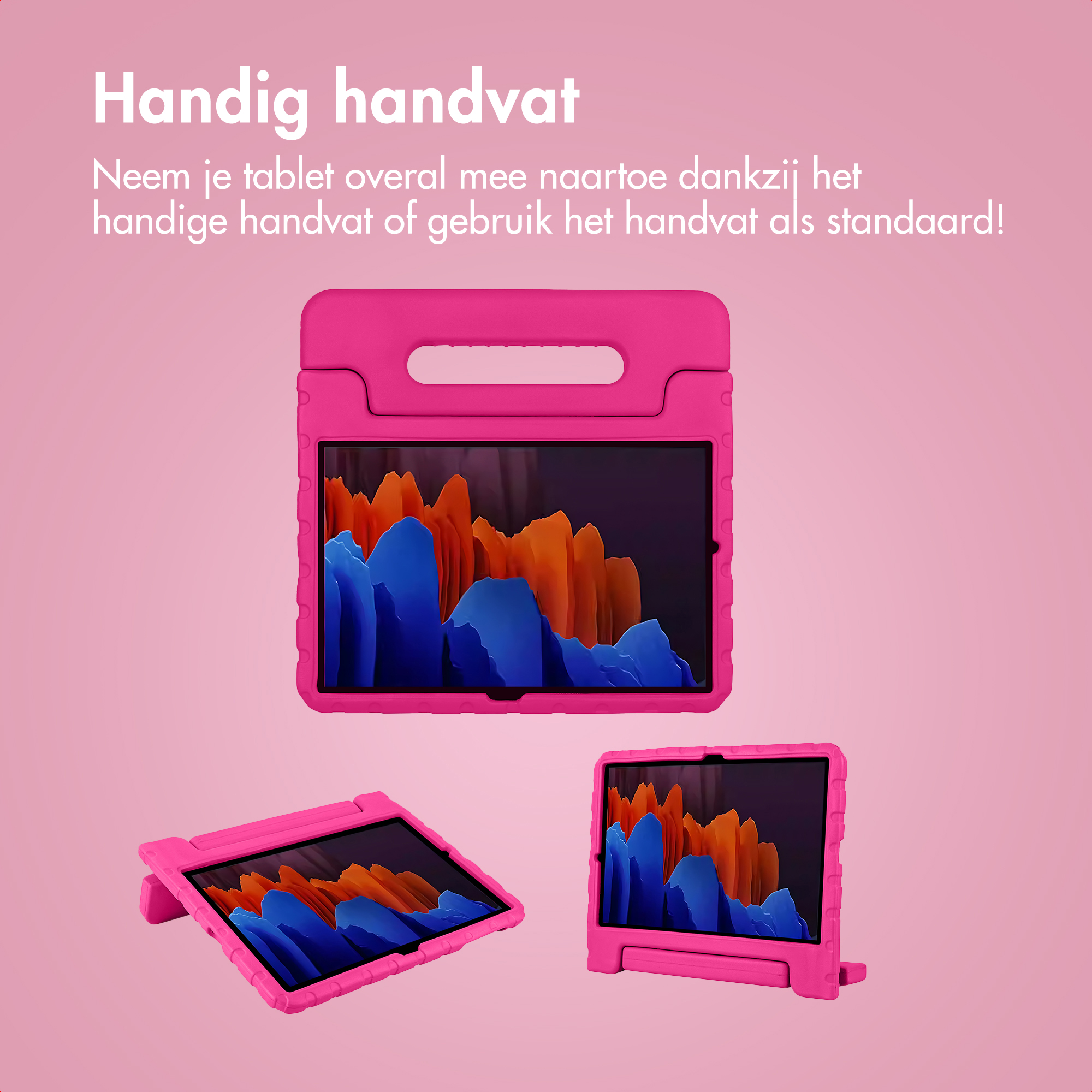 Drie roze tablethoezen met handvatten en standaard, één groter.