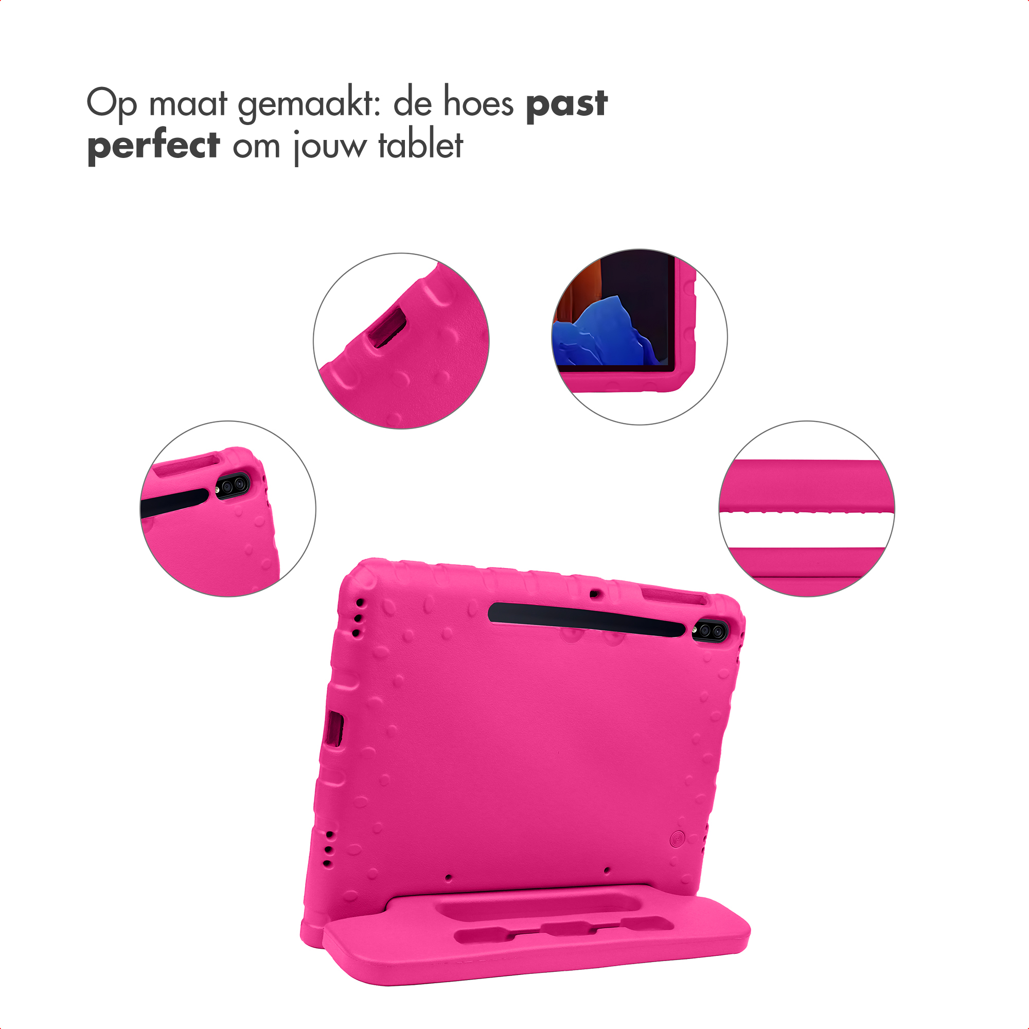 Een roze tablethoes met standaard. Meerdere close-up weergaven getoond.