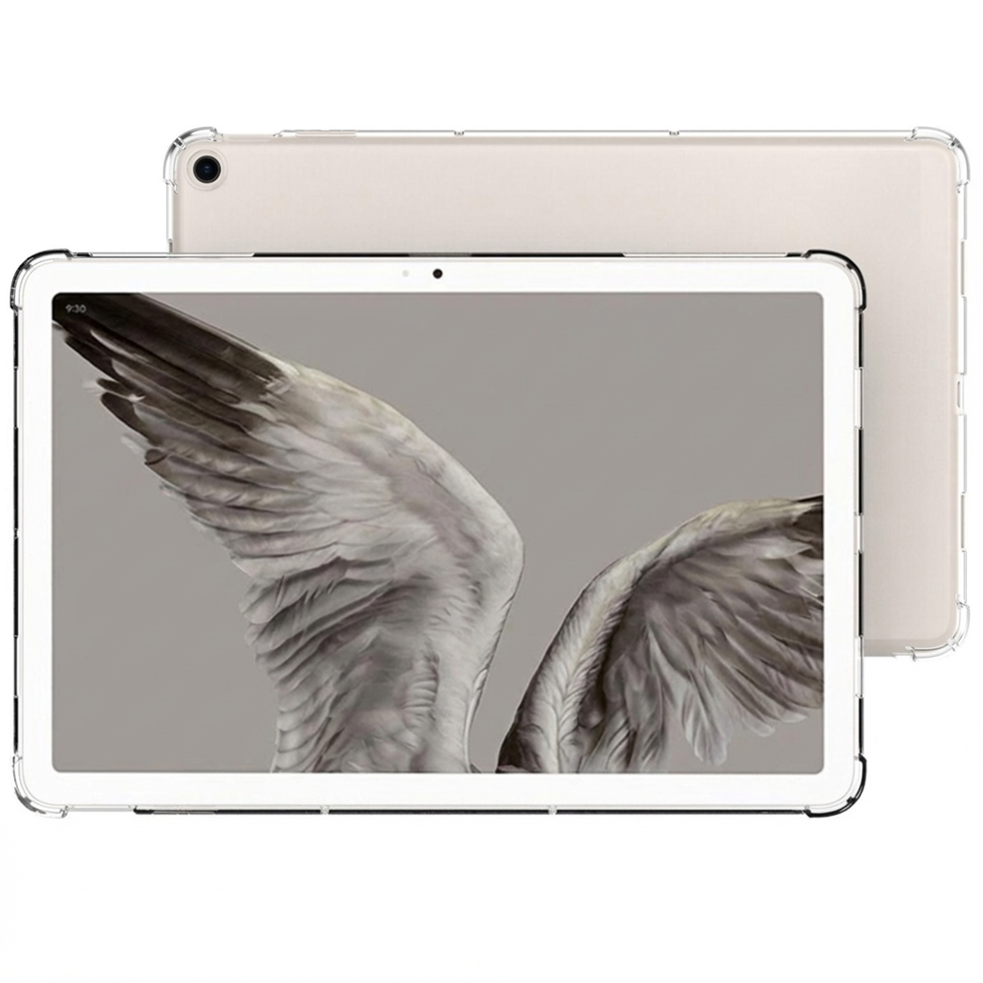 A tablet displaying a bird wings wallpaper, encased in a clear protective cover.