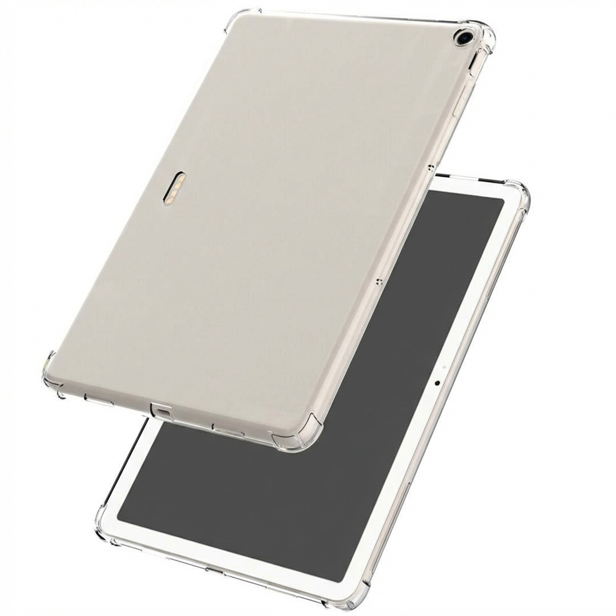 A light beige tablet case with clear corners rests on a tablet.