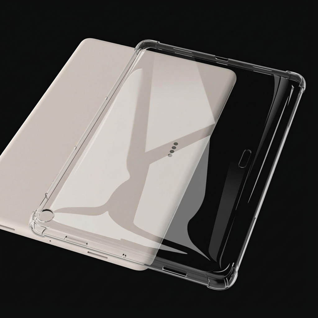 A clear protective case for a tablet, set against a dark background.