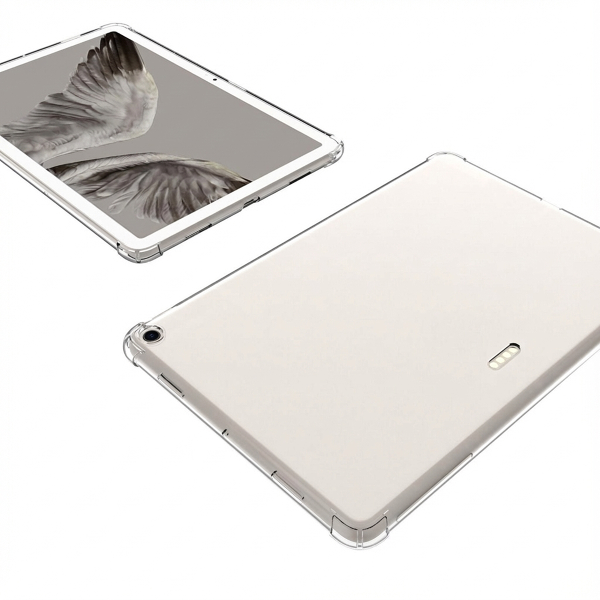Two clear tablet cases, one with a wing design, the other blank.