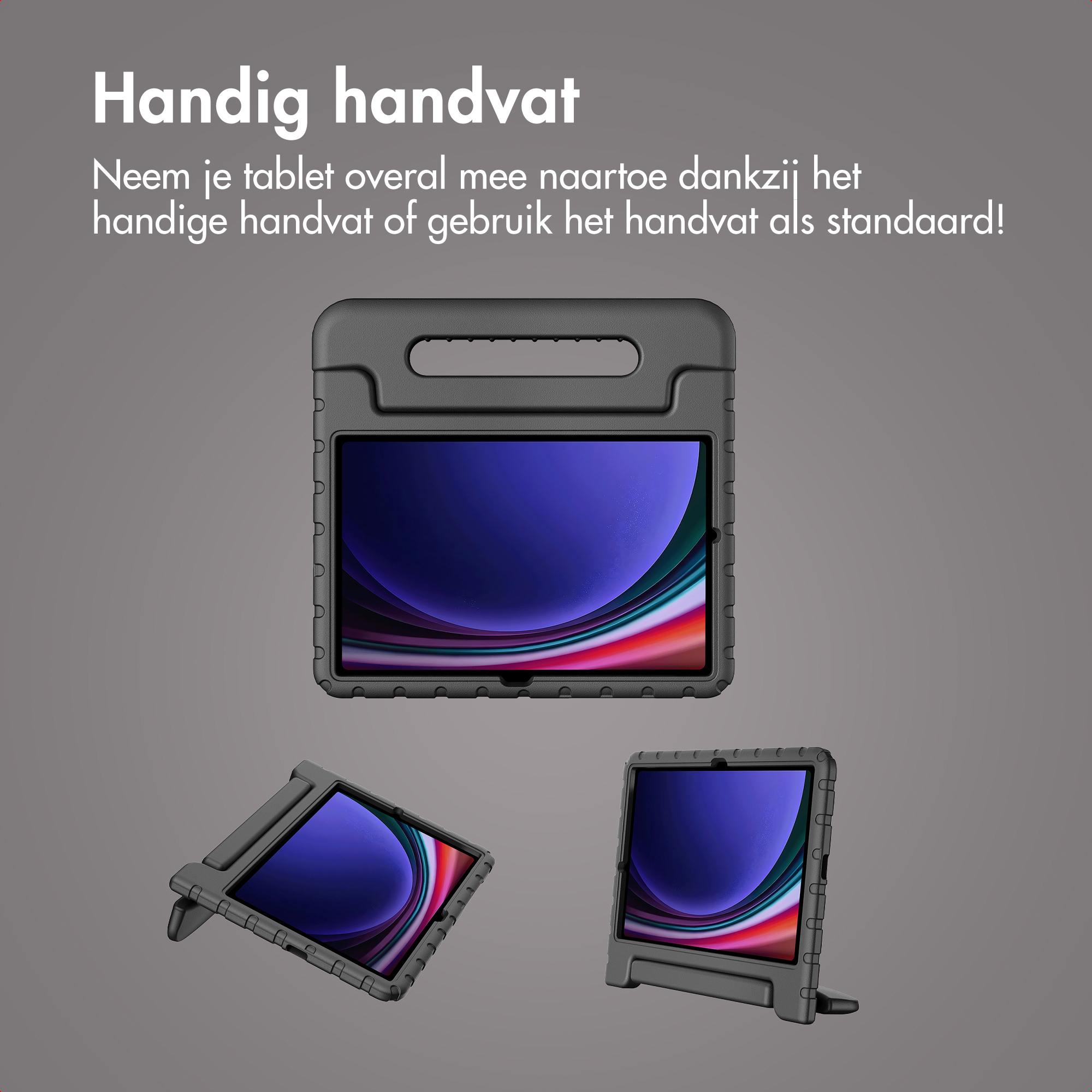 Zwarte tablethoes met handvat en standaard, drie weergaven.