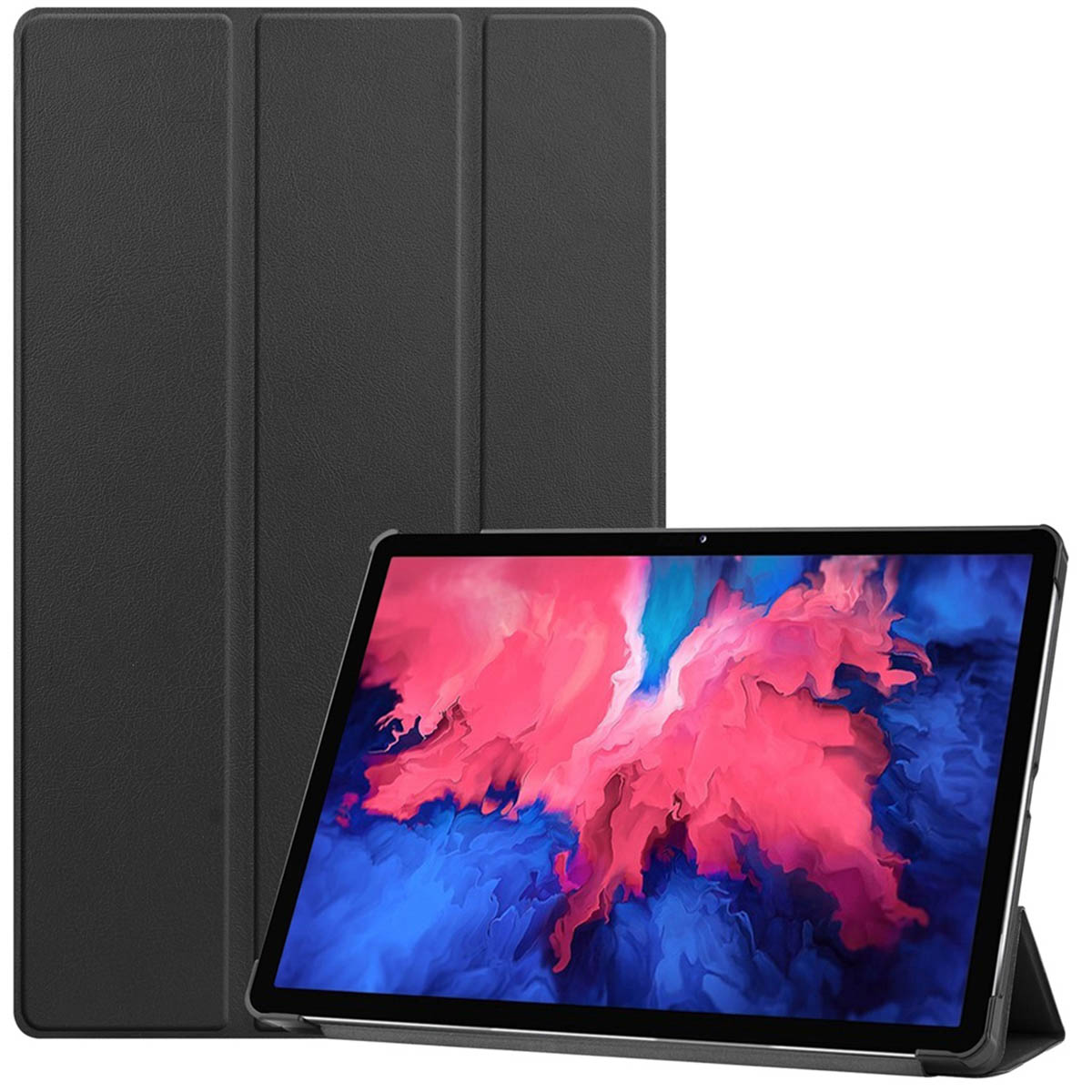 A black tablet with a colorful wallpaper in a case.