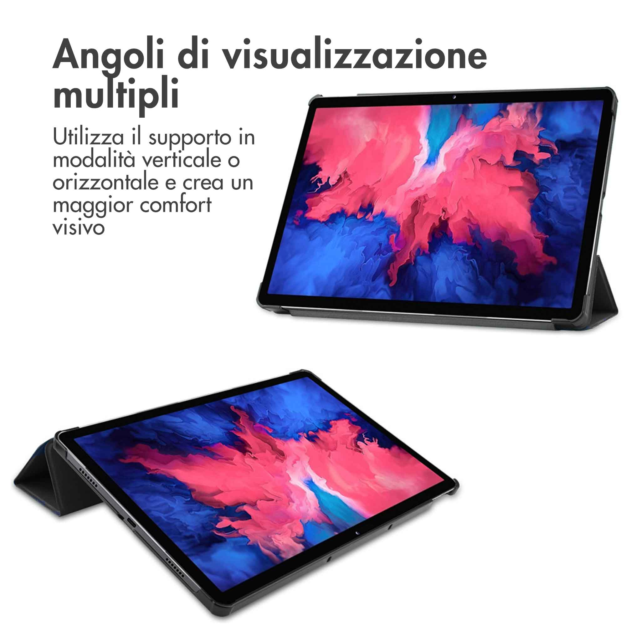 A tablet with a stand displays a colorful abstract graphic in blue and pink.