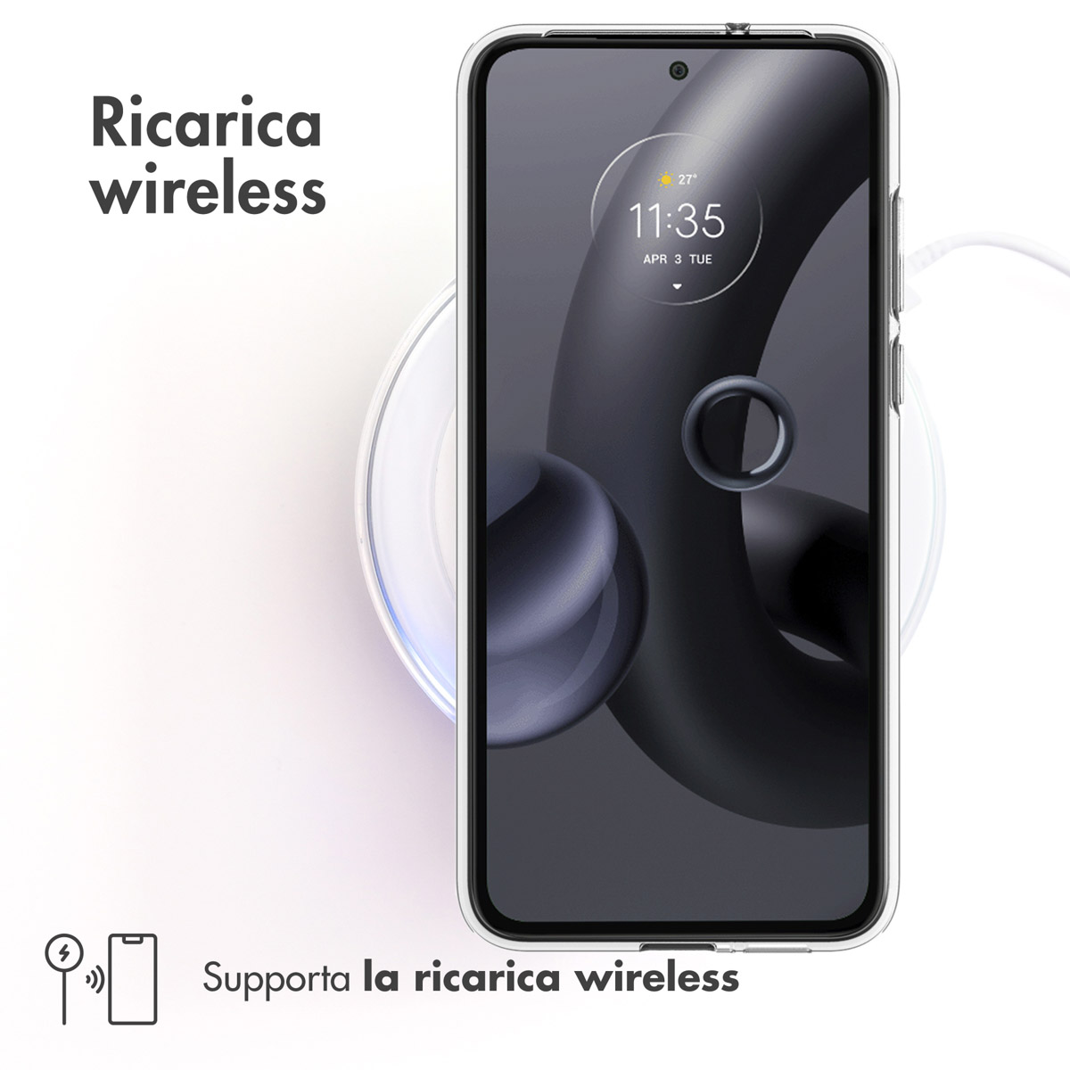 Un smartphone repose sur un chargeur sans fil. Le texte dit "Ricarica wireless".