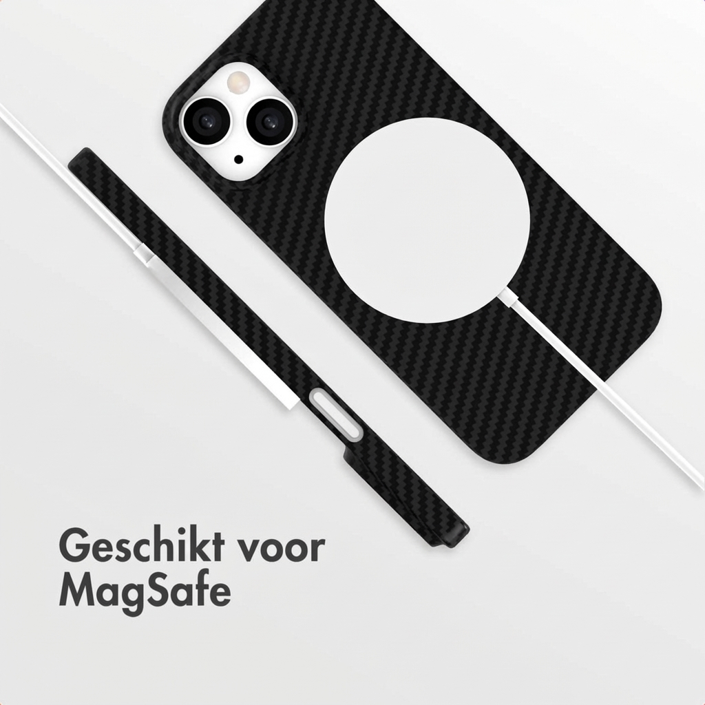 Black carbon pattern phone case with MagSafe circle and cable.