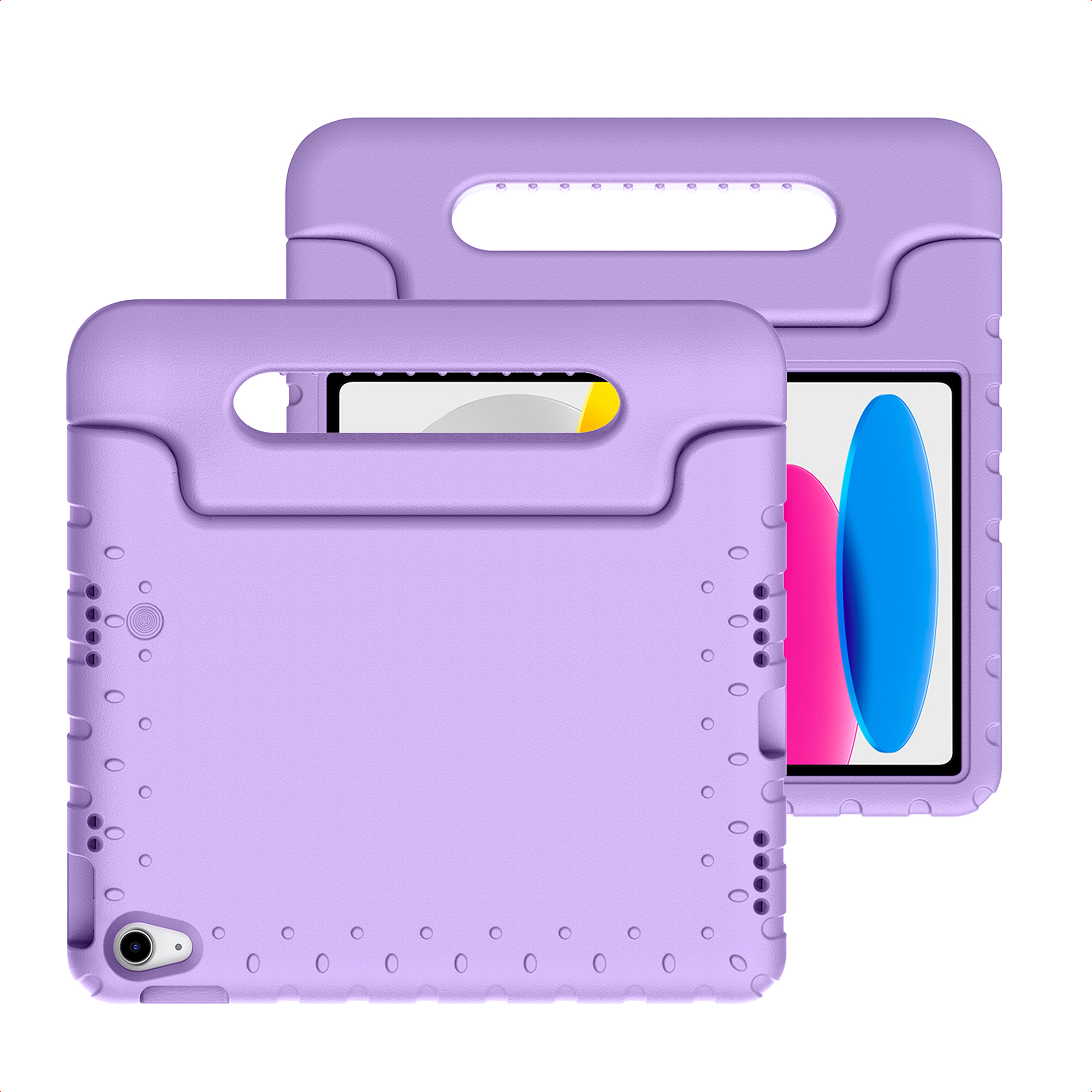Deux étuis violets pour tablette avec poignées et découpes pour appareils photo et boutons.