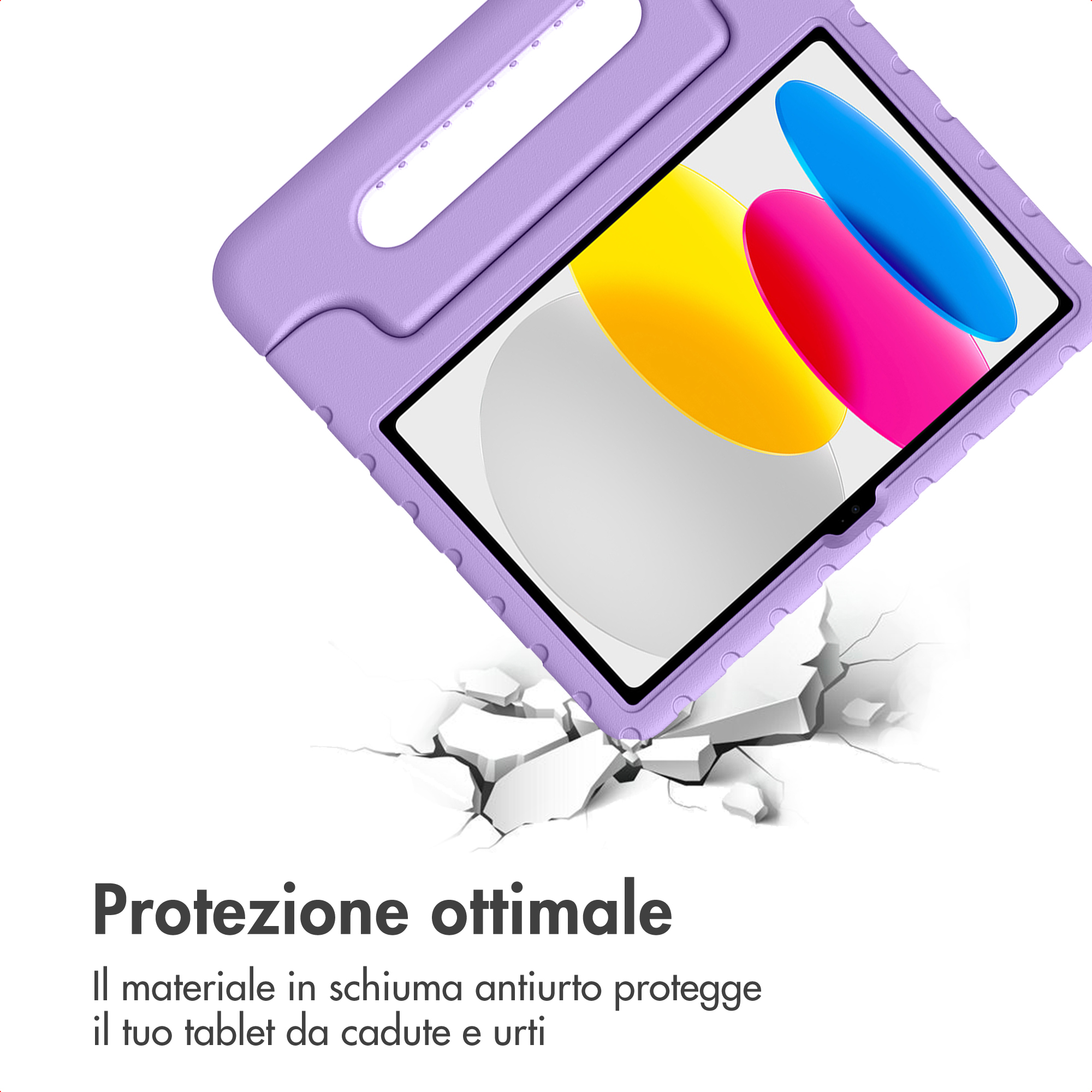 Étui violet pour tablette avec poignée tombant sur un sol fissuré.