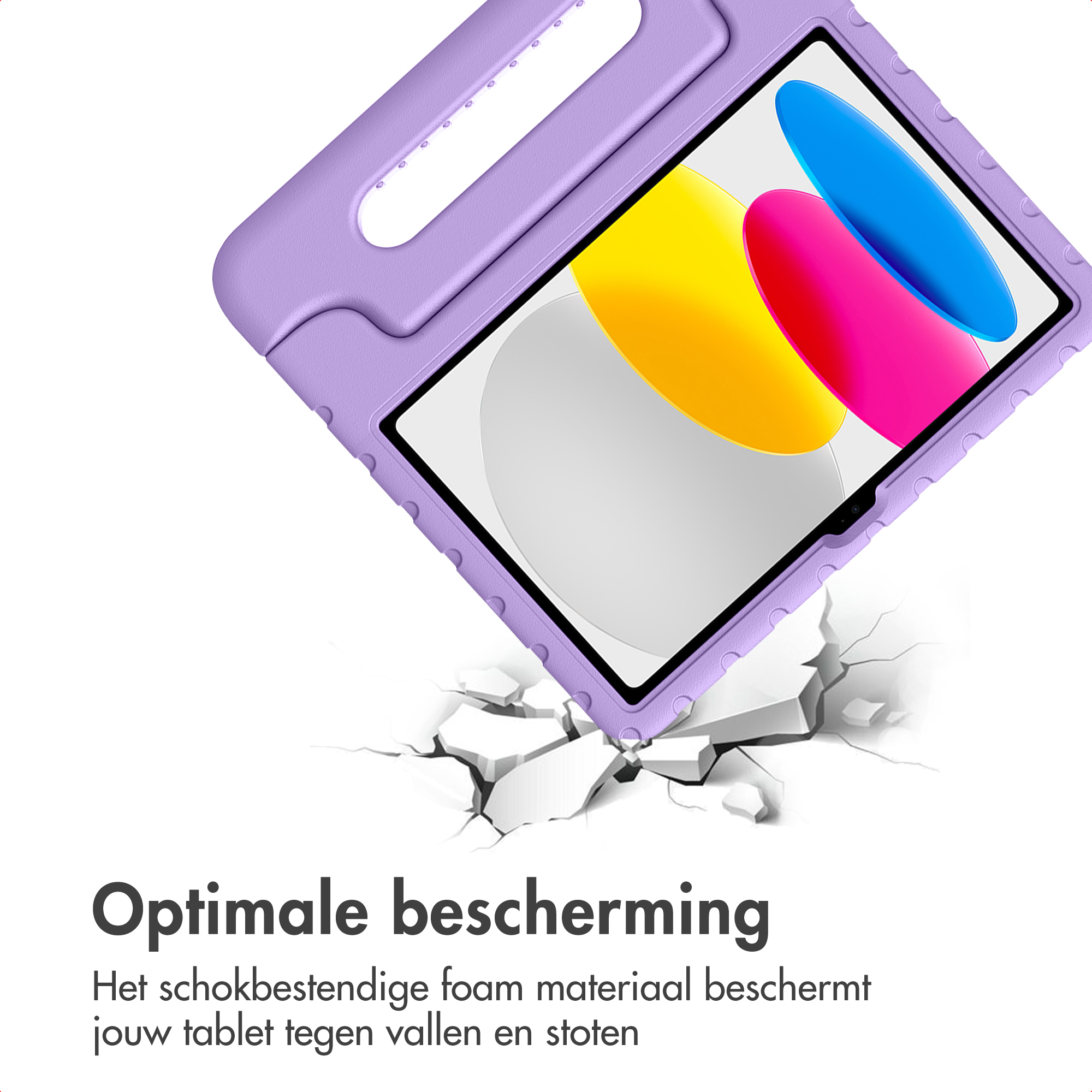 Étui violet pour tablette traversant un fond blanc avec des fissures.