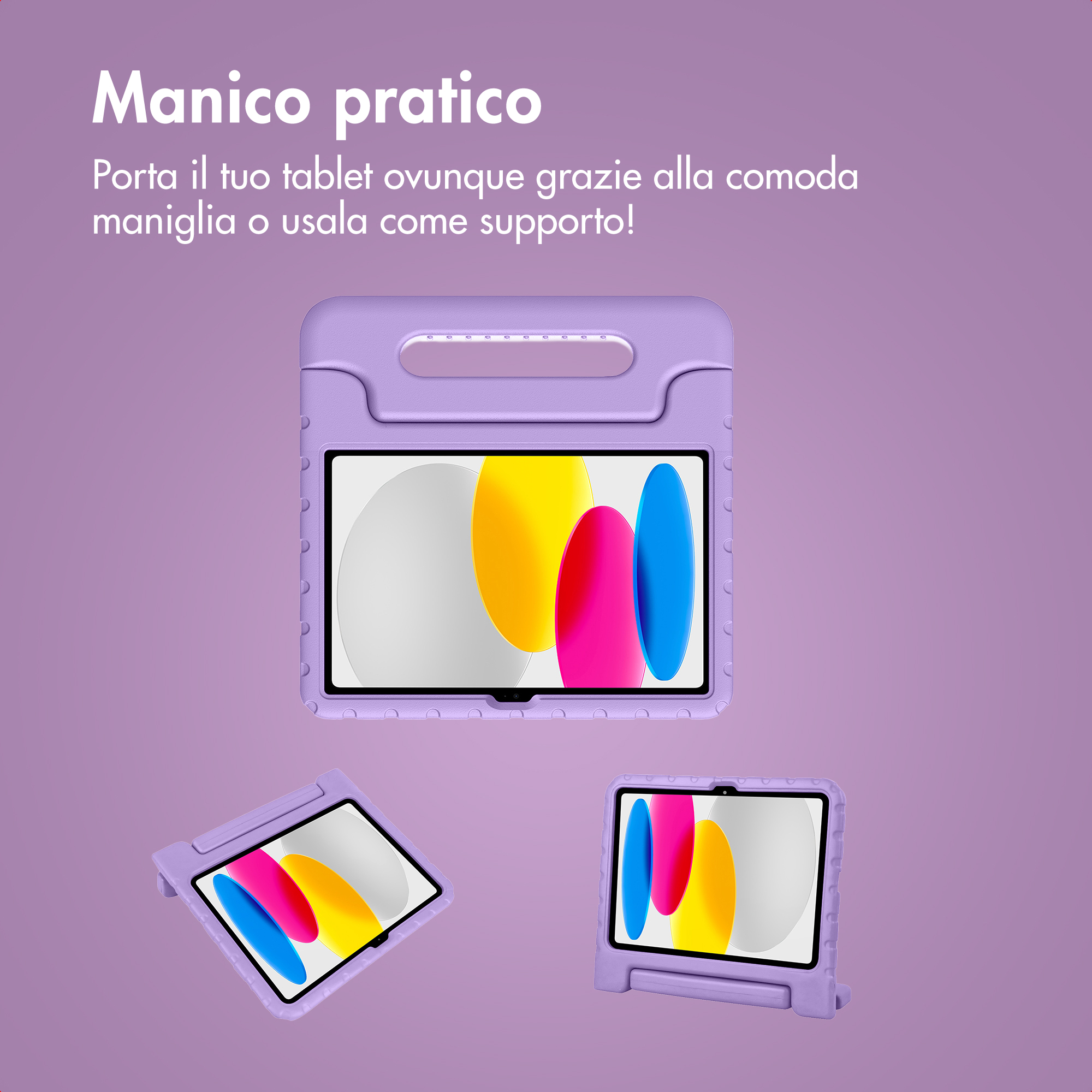 Étui violet pour tablette avec poignée et support. Affiche trois vues.