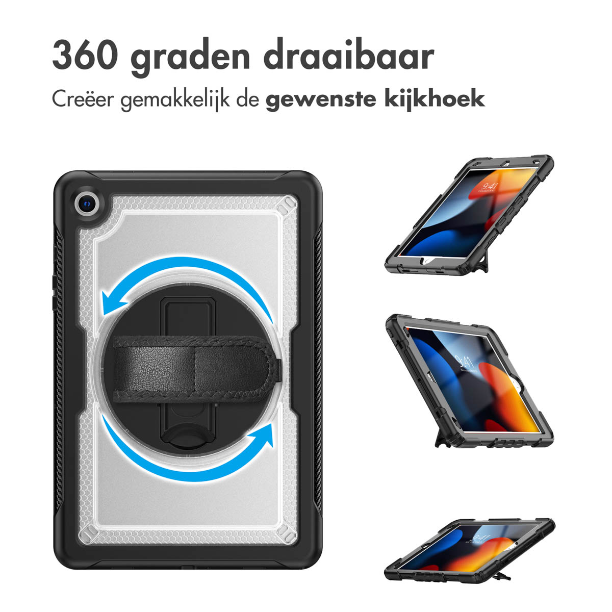 Tablet case with 360-degree rotating handle and stand function.