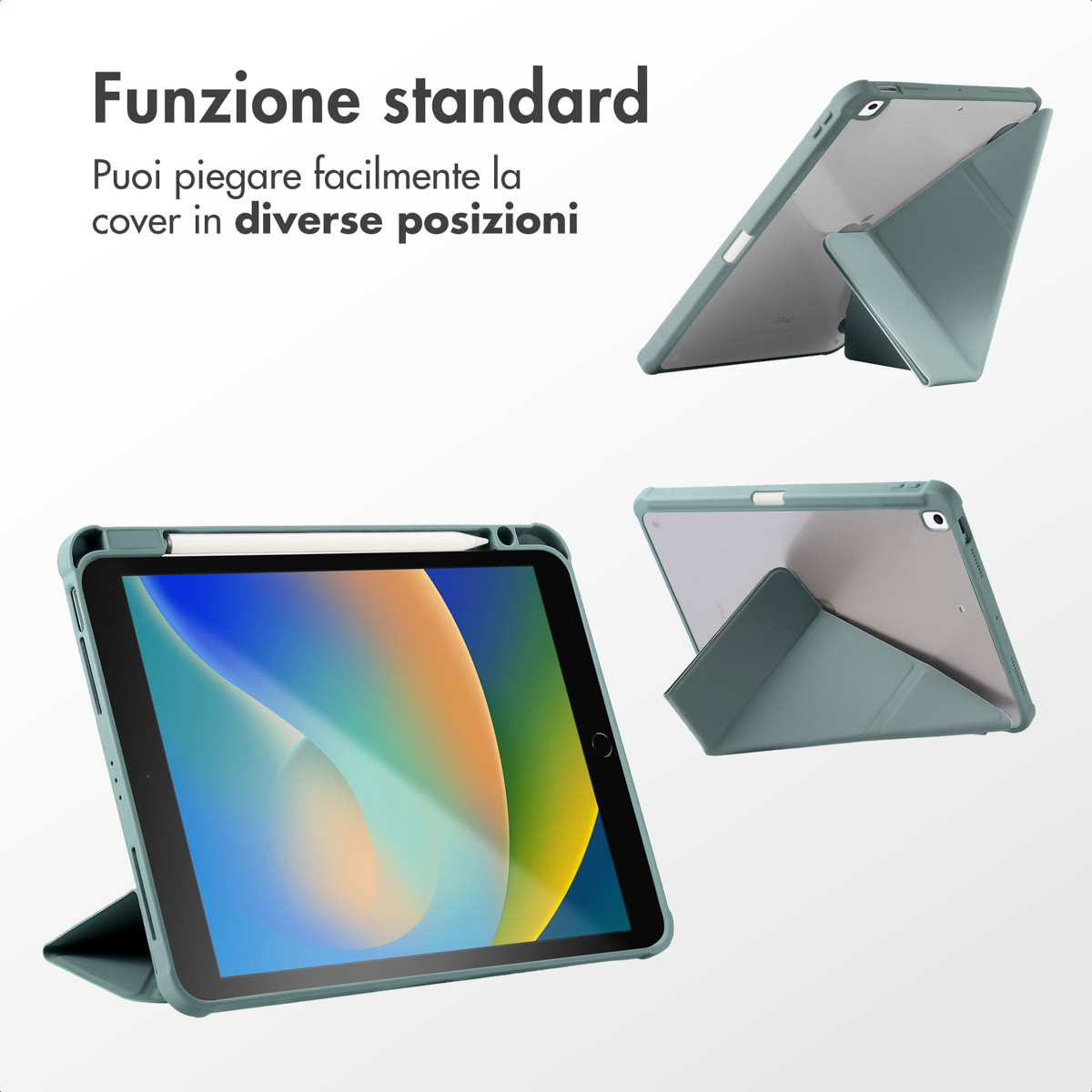 Une tablette verte avec stylet dans un étui protecteur servant de support.