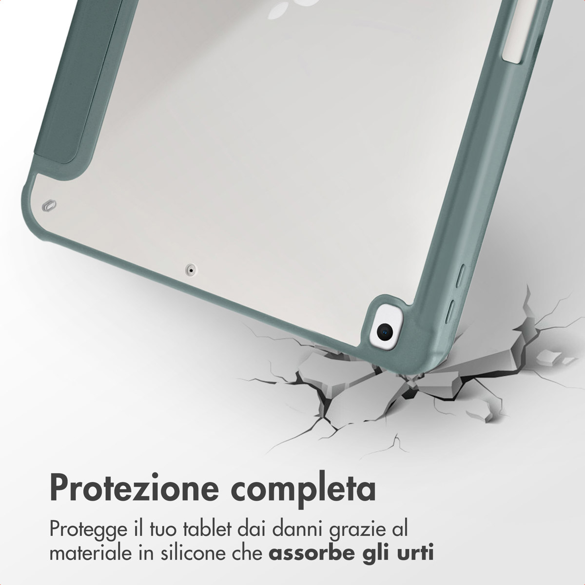 Étui vert pour tablette avec coins antichoc tombant sur des fissures.