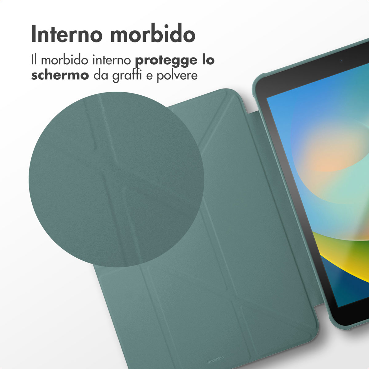 Un étui de tablette vert protégeant l'écran, avec du texte.