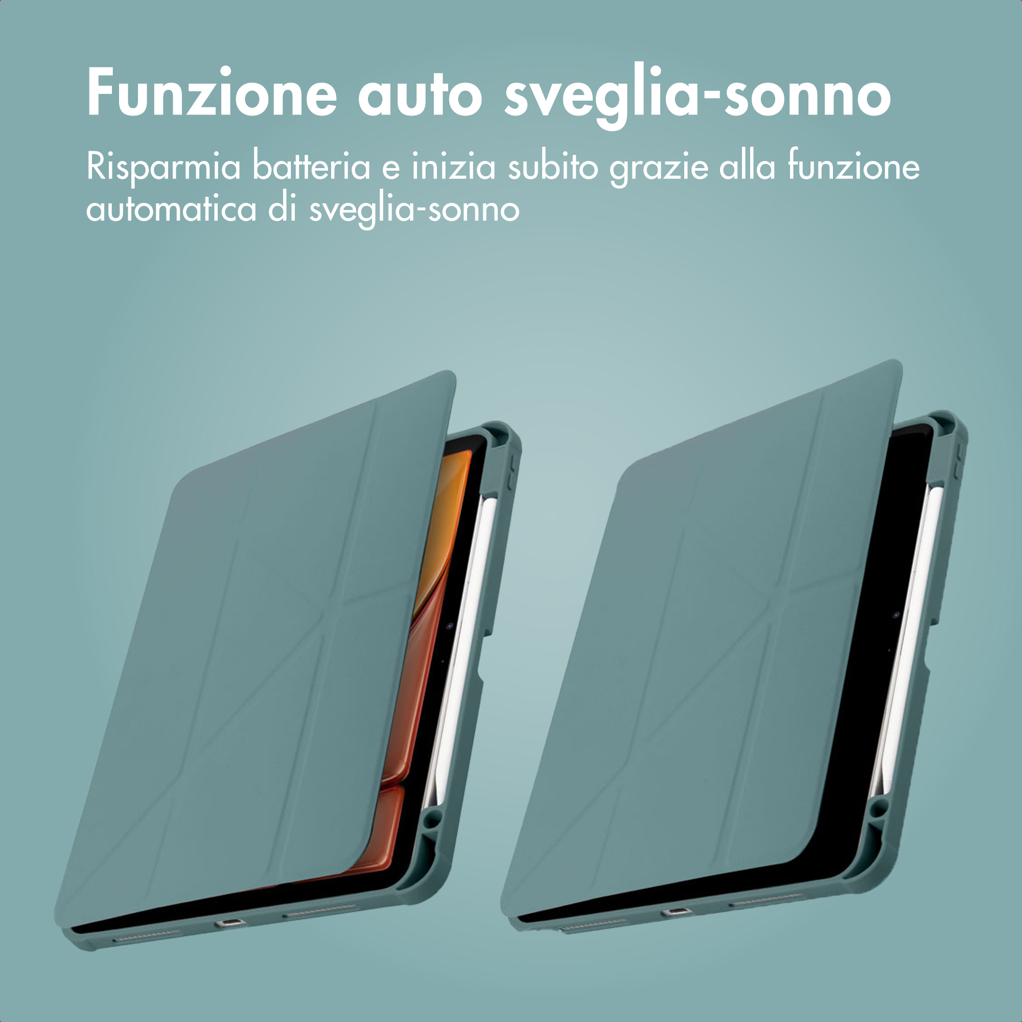 Deux étuis de tablette bleu sarcelle avec couvercles ouverts, révélant les tablettes.