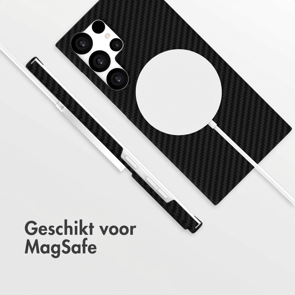 Étui de téléphone noir à motif carbone avec chargeur MagSafe et câble.
